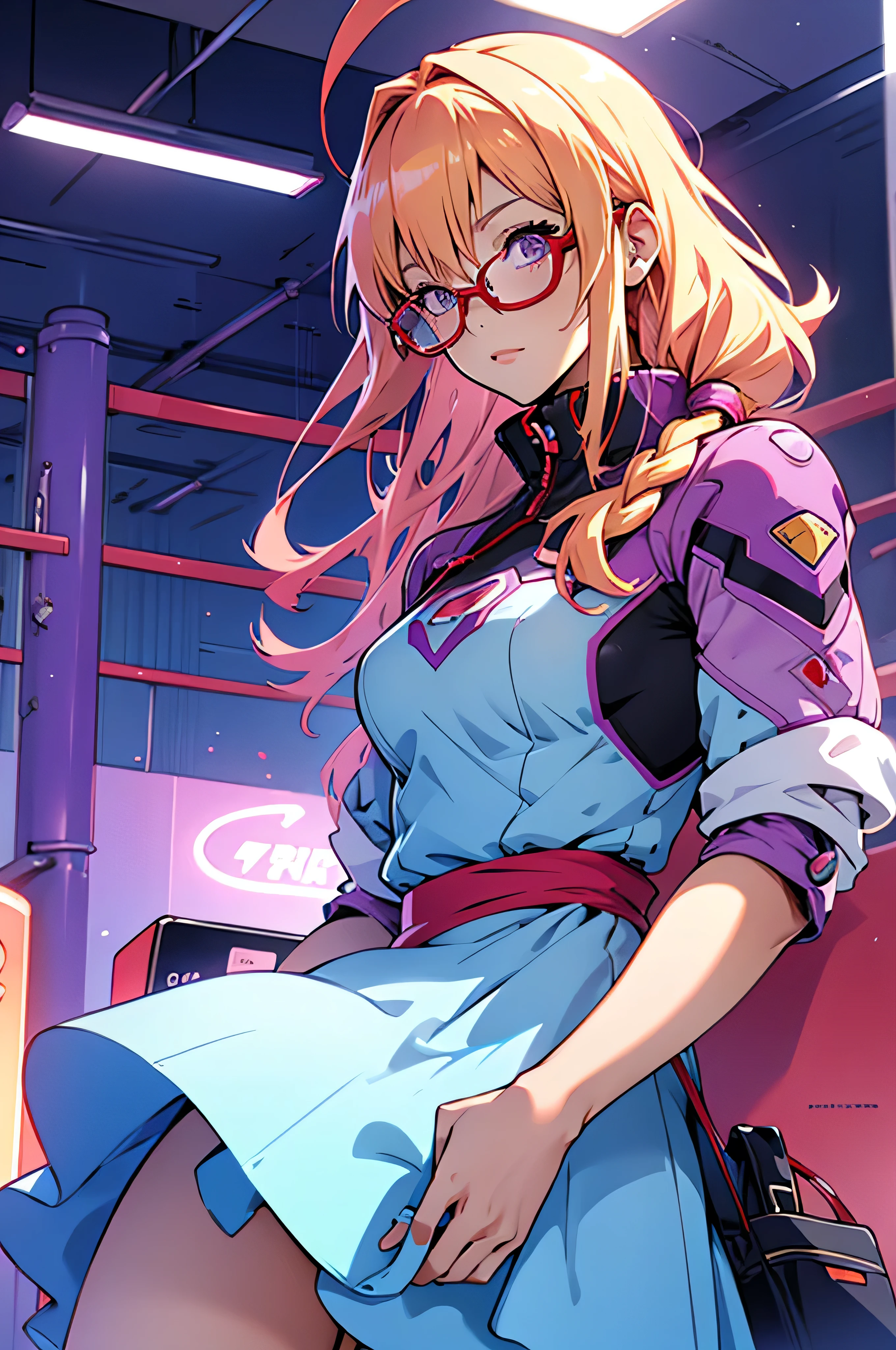 anime,An illustration,purple robot,Mobile Suit,Dom,Light blue check dress,Red glasses,Blonde,Light blue mesh hair,beautiful girl,Sora Sakurano,one person