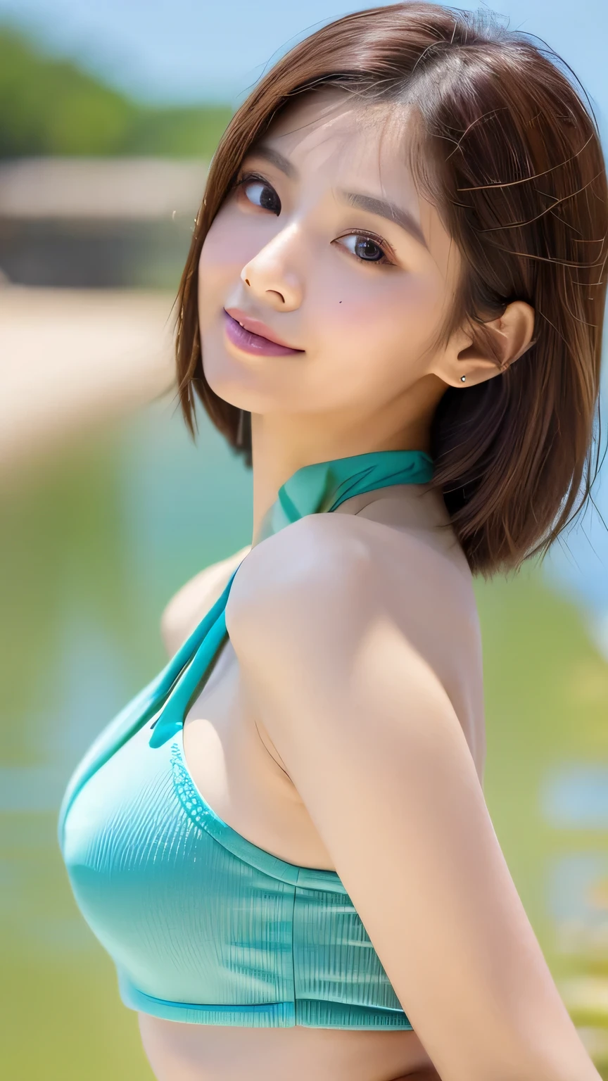 (masterpiece:1.3), (8k, Realistic, RAW Photos, Best image quality: 1.4), Very cute woman in Japan、(Short Hairstyles:1.2)、Very small breasts:1.4、Very detailedな顔、Attention to detail、double eyelid、Sharp focus:1.2、Beautiful woman:1.4、Light brown hair、highest quality、masterpiece、超A high resolution、(Realistic:1.4)、Very detailed、Face in natural light、Ruffled Bikini、Shoulder out、Natural Makeup、mole、Dimples、(((Seaside,Plump,Tie a pareo around your waist,Full Body Shot))),