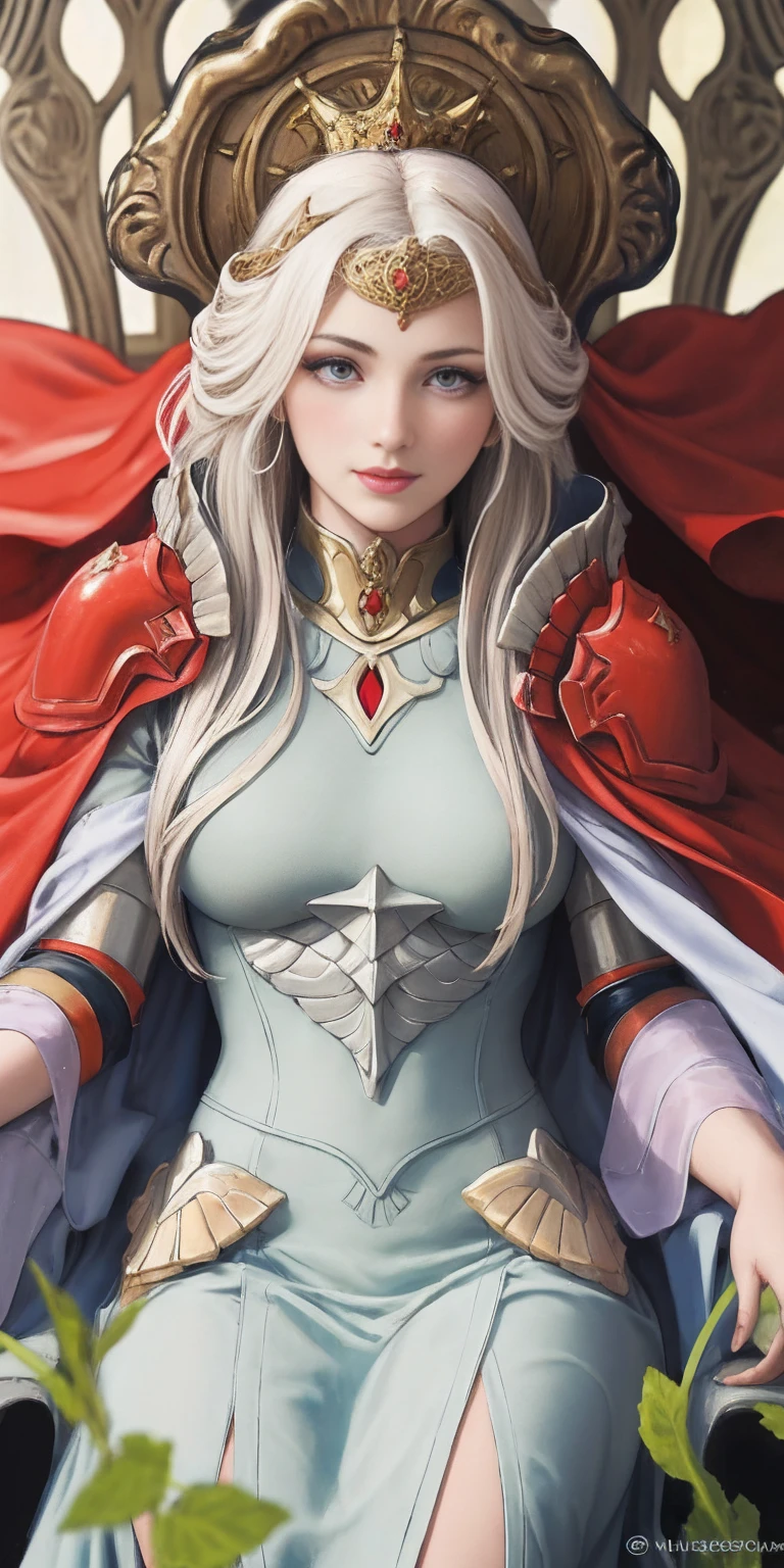 (masterpiece, best quality),  1girl, solo, (the empress:1.15), platinum blonde, long hair, (red cape), Curtain, armored dress, queen dress, aurora, (sunshine, sky, river, forest), expressionless, red eyes, very long hair, (art nouveau:1.2), alphonse mucha, tiara, (face focus, upper body), sit, (red throne:1.12), tiara, crossing legs, highly intricate details, realistic light, smile