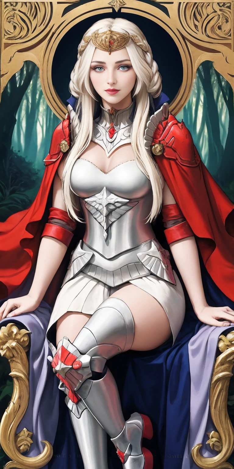(masterpiece, best quality), 1girl, solo, (the empress:1.15), platinum blonde, long hair, (red cape), Curtain, armored dress, queen dress, aurora, (sunshine, sky, river, forest), expressionless, red eyes, very long hair, (art nouveau:1.2), alphonse mucha, tiara, (face focus, upper body), sit, (red throne:1.12), tiara, crossing legs, highly intricate details, realistic light, smile
