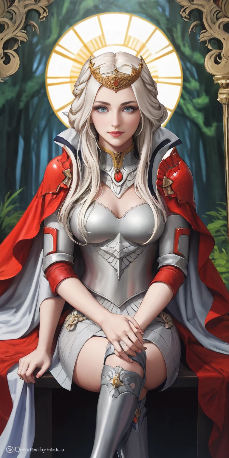 (masterpiece, best quality),  1girl, solo, (the empress:1.15), platinum blonde, long hair, (red cape), Curtain, armored dress, queen dress, aurora, (sunshine, sky, river, forest), expressionless, red eyes, very long hair, (art nouveau:1.2), alphonse mucha, tiara, (face focus, upper body), sit, (red throne:1.12), tiara, crossing legs, highly intricate details, realistic light, smile