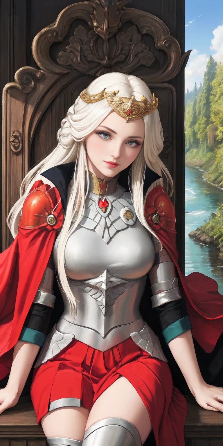 (masterpiece, best quality), 1girl, solo, (the empress:1.15), platinum blonde, long hair, (red cape), Curtain, armored dress, queen dress, aurora, (sunshine, sky, river, forest), expressionless, red eyes, very long hair, (art nouveau:1.2), alphonse mucha, tiara, (face focus, upper body), sit, (red throne:1.12), tiara, crossing legs, highly intricate details, realistic light, smile