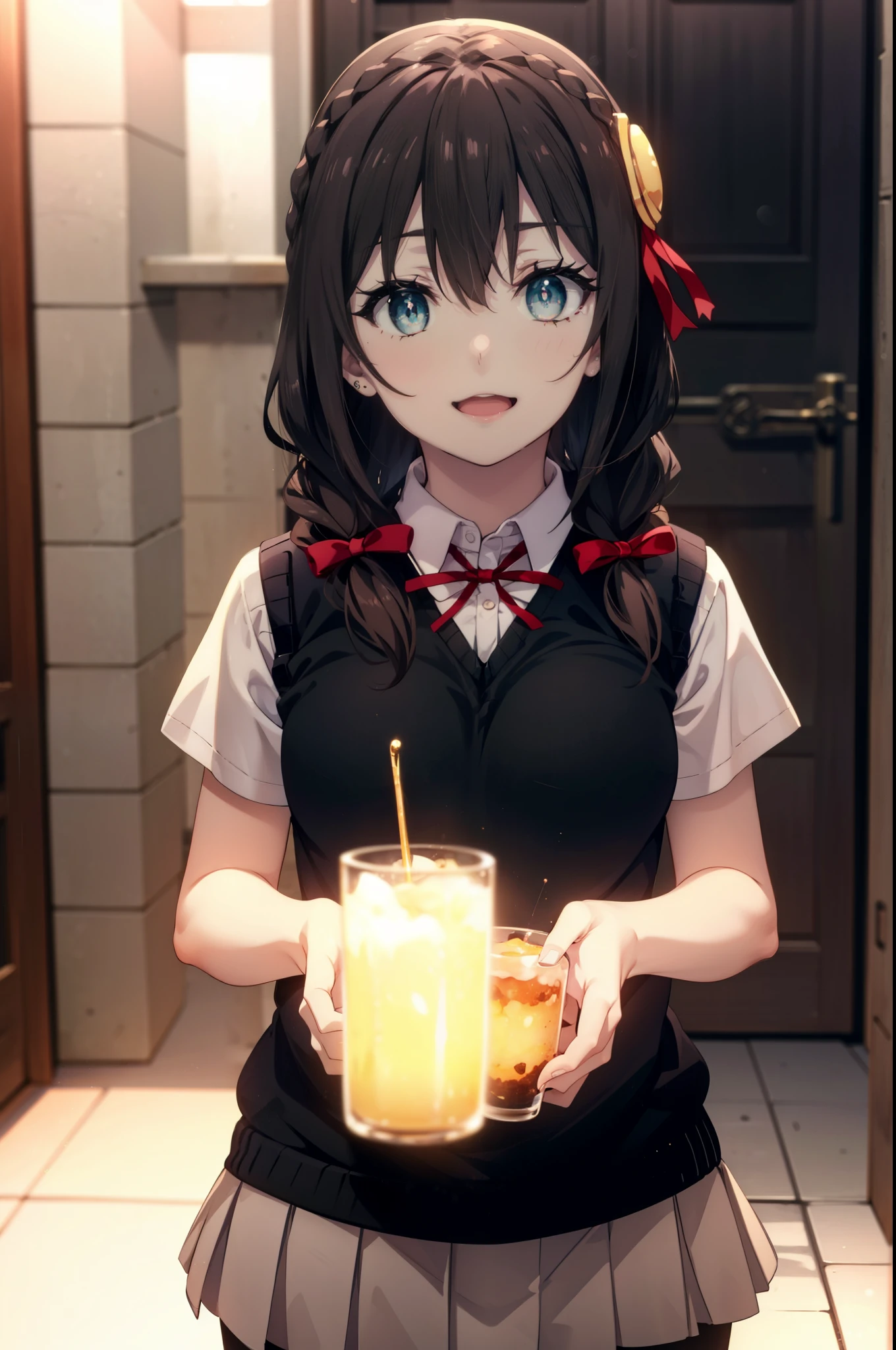 Yunyun, Long Hair, Brown Hair, hair ornaments, Red eyes, bow, ribbon, Twin tails, Braiding, hair bow, ,happy smile, smile, Open your mouth,
White shirt,Short sleeve,Sweater vest, (black Sweater vest:1.5),Black pleated skirt,Black Pantyhose,Black Loafers,whole bodyがイラストに入るように,歩いている
break door, School　corridor,crowd, people々々々々,
break looking at viewer, whole body,
break (masterpiece:1.2), highest quality, High resolution, unity 8k wallpaper, (shape:0.8), (Beautiful and beautiful eyes:1.6), Highly detailed face, Perfect lighting, Highly detailed CG, (Perfect hands, Perfect Anatomy),