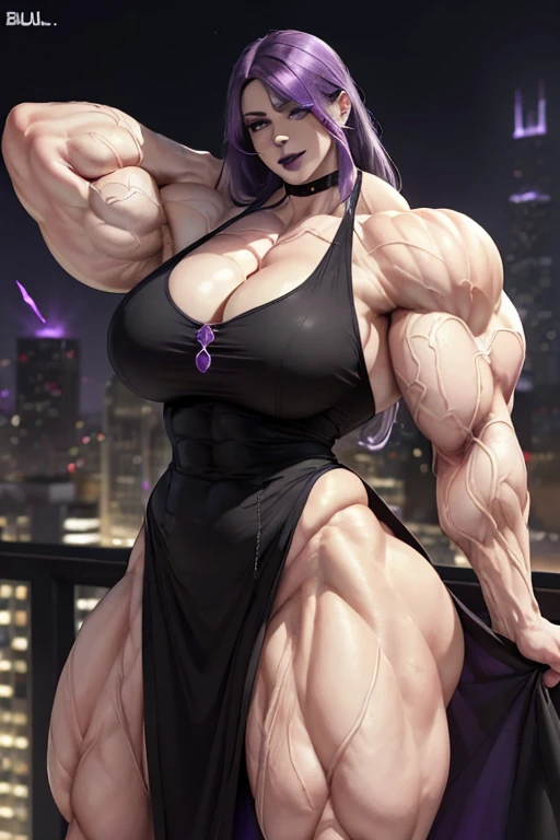 ((((Massive tall, beautiful, buff, pale white skinned muscular woman with violet purple hair, black lipstick, ginormous bulky muscles and wearing a beautiful black dress)))), (close view), massive muscles, massive biceps, hyper muscle shoulders, massive muscle arms, vascular shoulders, hyper muscle triceps, (long hair with long bangs), black eyes, choker, on top of a skyscraper in a night Windy City, confidant smile, hyper vascular arm, hyper muscles arms, hyper muscle legs, (massive arms).