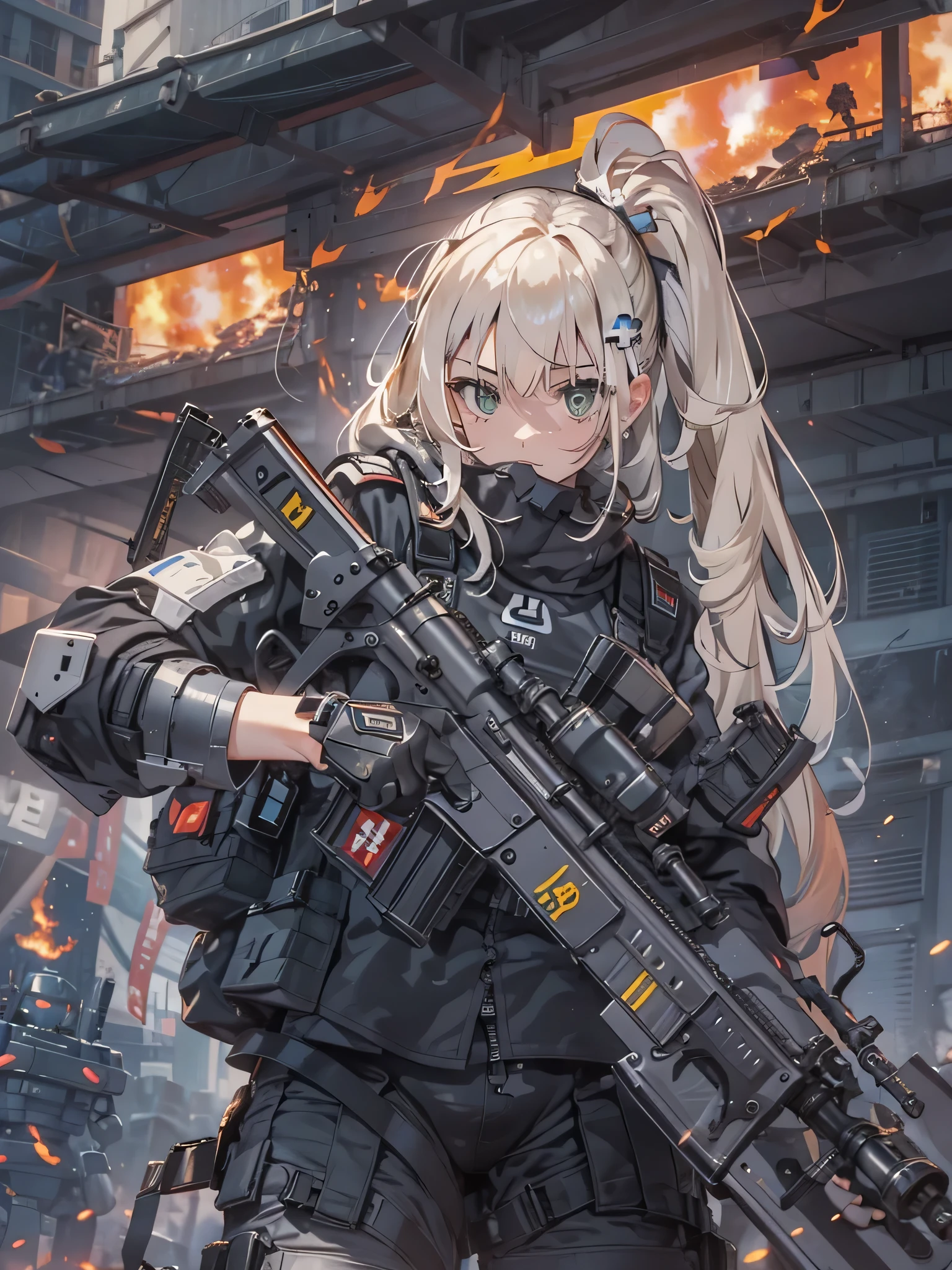 (h&K Rifle:1.4)、(((Fire a rifle to destroy military robots:1.4)))、(Female soldier with non-mechanical body)、solo:1.4、(Black combat uniform)、(platinum-blonde-hair:1.2)、Have multiple weapons、rubble、((超A high resolution))、Detail Write、masterpiece、top-quality、extremely details CG、Image quality in 8K、Cinematographic lighting、lensflare、(Night combat)、((In Building))、Hyper-detailing、The wreckage of military robots、cowboy shot:1.4、From diagonally behind、From above 、(hK416)、turned around