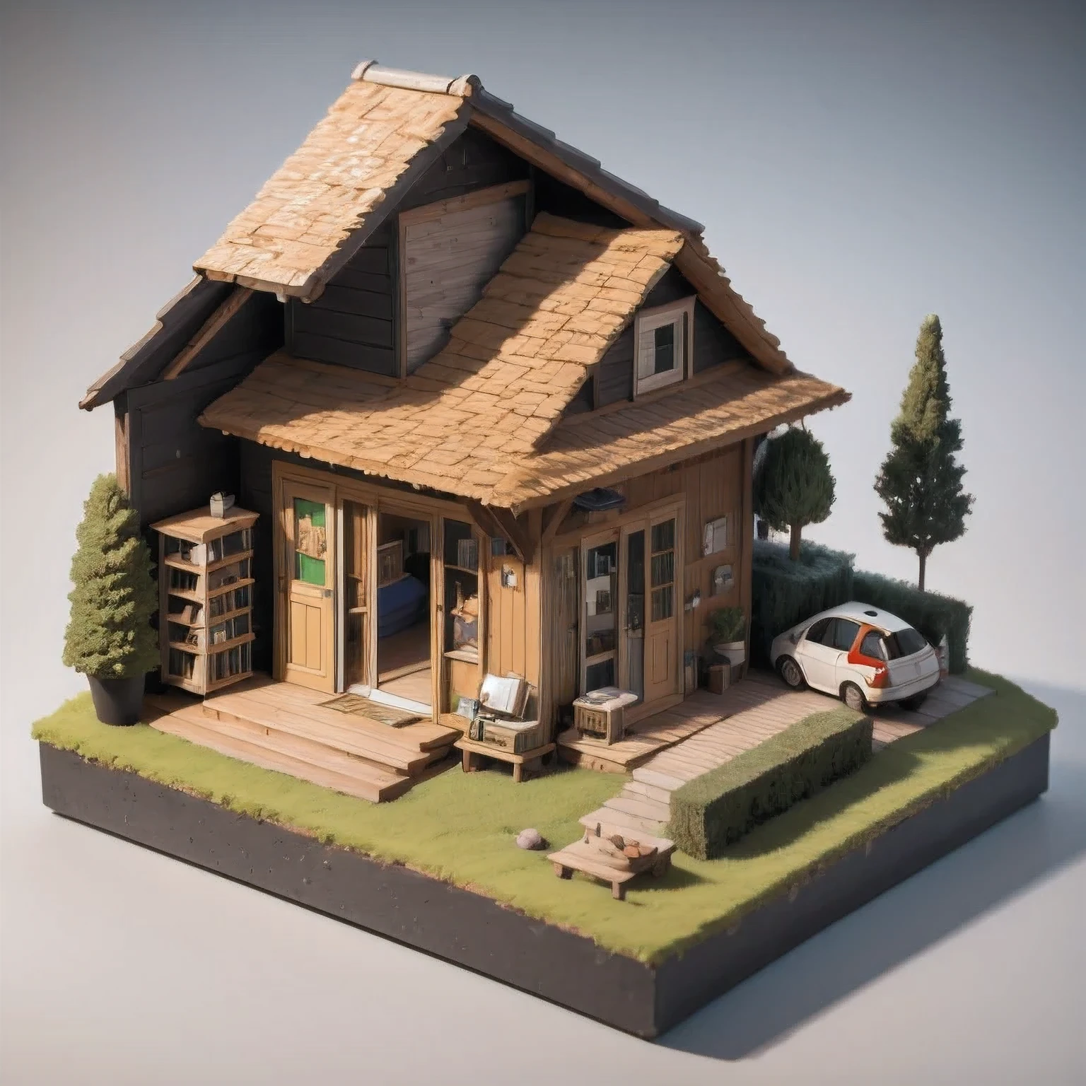 there is a small model of a small house with a roof, diorama model, highly detailed sculpey diorama, surreal sci fi set design, highly detailed diorama, diorama, detailed scene, eeri, miniature model, backside of scenography elements, by Lee Loughridge, by Brigette Barrager, diorama picture, witch hut with a couch and a tv, stylized 3d render, adventure hyper realistic render, daily render, hyper detailed 3 d render, highly detailed diorama, hyper detailed 3d render, extreme render, highly detailed 3 d render, highly detailed 3d render, super detailed render, very detailed render, 3 d videogame render,stylized 3d render, 3 d render stylized, cute 3 d render, hyper detailed 3 d render, hyper detailed 3d render, daily render, stylized as a 3d render, very detailed render, 3 d stylize scene, super detailed render, fully detailed render, highly detailed 3d render