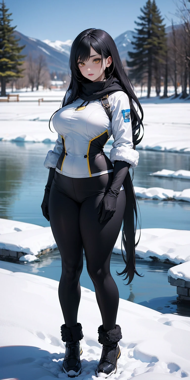1 girl, black hair, yellow eyes, very long hair, pale skin, curvy, (extremely muscular), perky breasts, (winter clothes), frozen lake