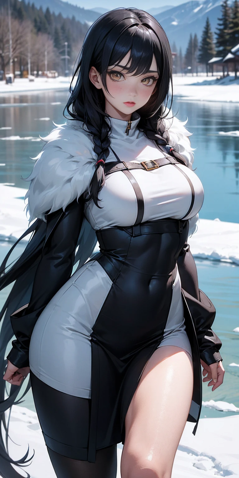 1 girl, black hair, yellow eyes, very long hair, pale skin, curvy, (extremely muscular), perky breasts, (winter clothes), frozen lake