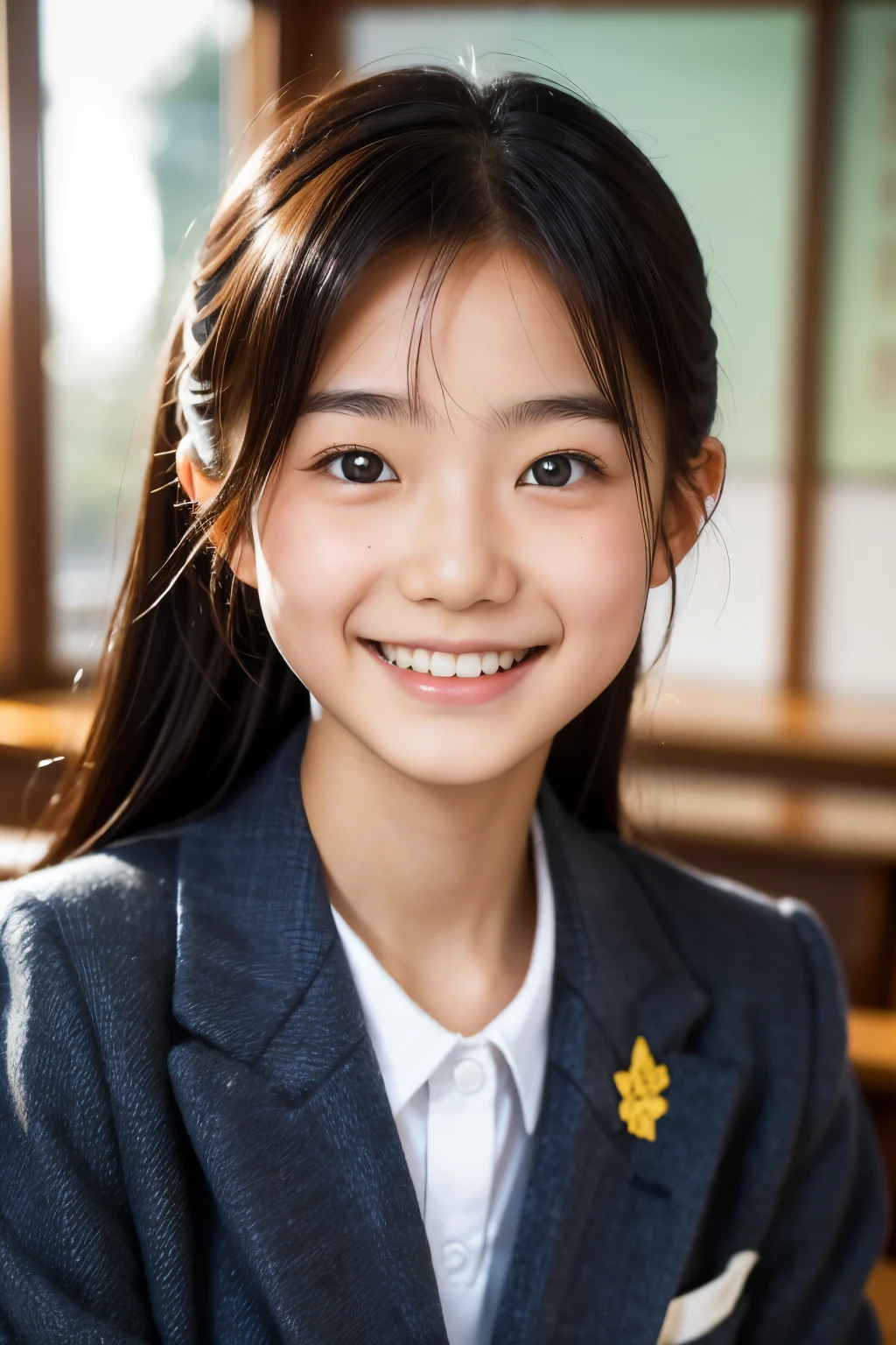 lens: 135mm f1.8, (highest quality),(RAW Photos), (Tabletop:1.1), (Beautiful 16 year old Japanese girl), Cute face, (Deeply chiseled face:0.7), (freckles:0.4), dappled sunlight, Dramatic lighting, (Japanese School Uniform), (In the classroom), shy, (Close-up shot:1.2), (smile), (Sparkling eyes), (sunlight)