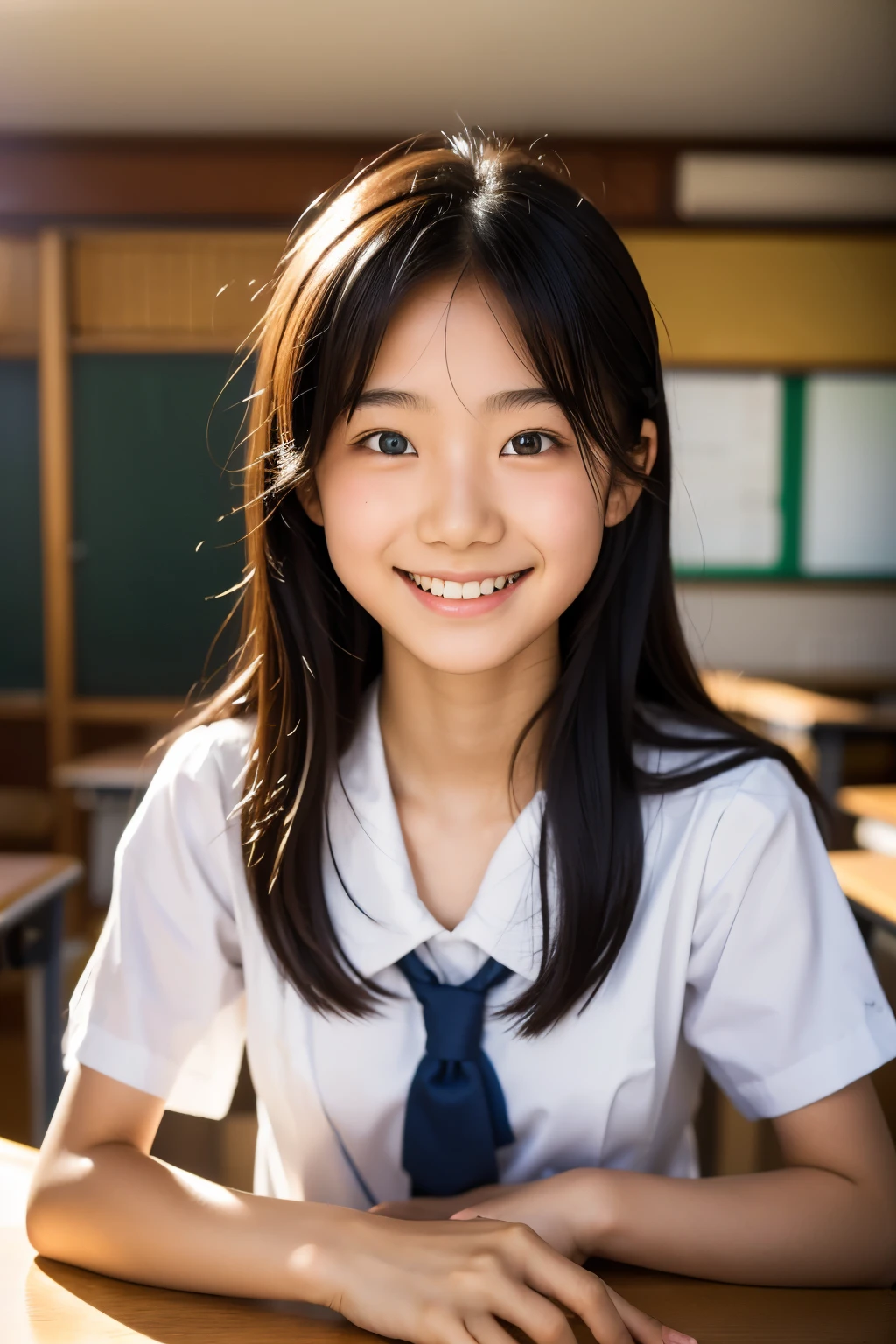 lens: 135mm f1.8, (highest quality),(RAW Photos), (Tabletop:1.1), (Beautiful *********** Japanese girl), Cute face, (Deeply chiseled face:0.7), (freckles:0.4), dappled sunlight, Dramatic lighting, (Japanese School Uniform), (In the classroom), shy, (Close-up shot:1.2), (smile), (Sparkling eyes), (sunlight)