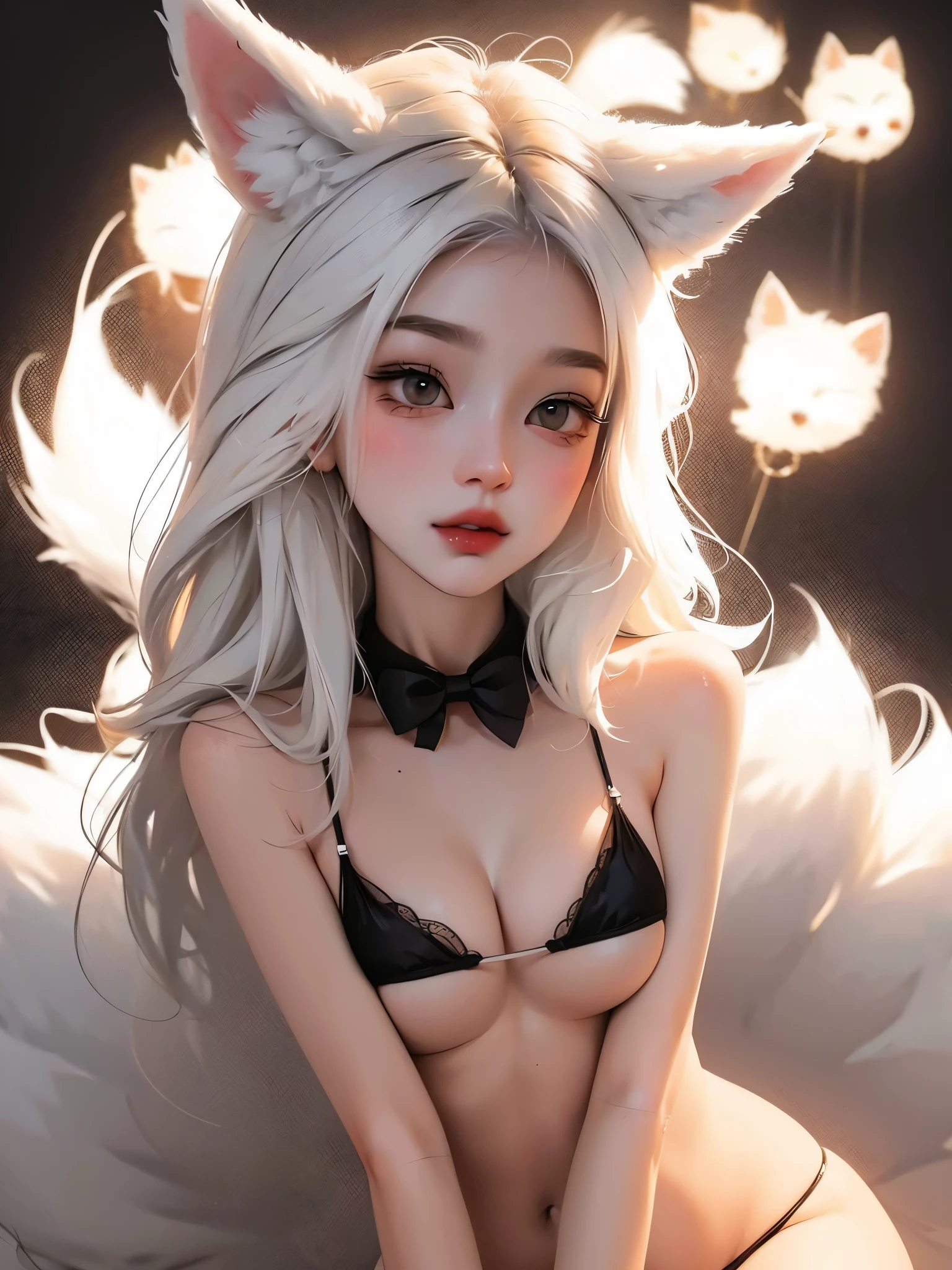 White haired cute anime girl wearing a black micro bikini with mythical fox tails, big breast, blank background