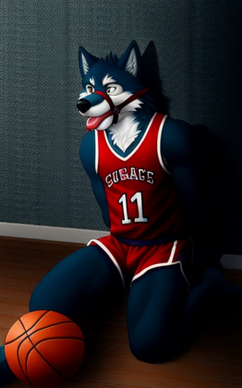 wolf, furry, alone, basketball uniform, gagged, hands tied together behind, feet tied together, sitting on the floor, torture, ball to the side, ultra detailed