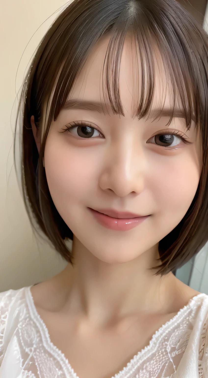 ((highest quality、8k、masterpiece:1.5))、One Girl、Laughter、(Mouth closed:1.3)、Blunt bangs、Bangle body: Lots of Esbian:1.4)、(Symmetrical face)、Ultra detailed face、Detailed eyes、Detailed ears、double eyelid、Slim face、(Selfie:1.3)、(Full Body Selfie)、(look up)、(From above)、(Large Breasts:0.9)、The background is blurred、Short Hair、Lace underwear