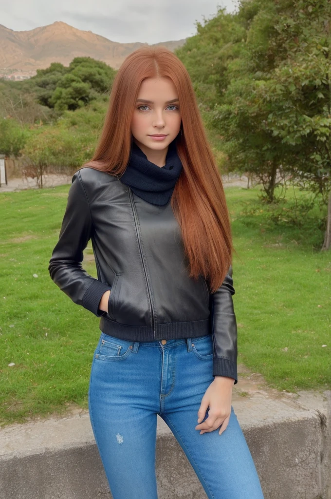 Editorial Photography 2000's style, a beautiful, gorgeous croatian girl with long ginger hair. Black leather jacket, sweater, skinny denim pants, scarf and riding boots, she carries a leather backpack with her. The air is clear, calm and quiet ambient, detailed soft pale skin. 35 mm. (nikon d850)​, realistic skin texture, atractive features, dream beauty, ethereal beauty from Serbia, she has an angelical face and she's delicacy and sweetness in person.