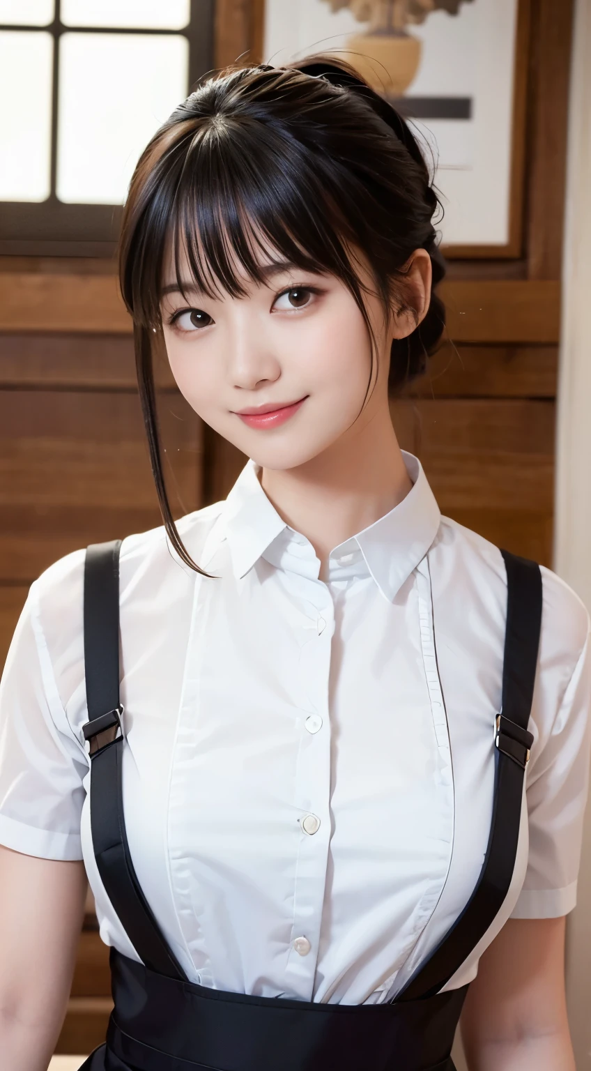 (highest quality,masterpiece:1.3,Ultra-high resolution,),(Very detailed,Caustics),(Photorealistic:1.4,RAW shooting,)Ultra-Realistic Capture,Very detailed,High resolution 16K human skin closeup。 Natural skin texture、,Pores、、、、It must be detailed enough to be easily identifiable。 Skin tone is even and healthy looking。 Use natural light and color,restaurant,Waitress Uniform,1 girl,Japanese,18-year-old,cute,Black-haired,ponytail,Big Breasts,smile,Turn your body forward,(Front view:1.1),Looking at the camera,Cowboy Shot,