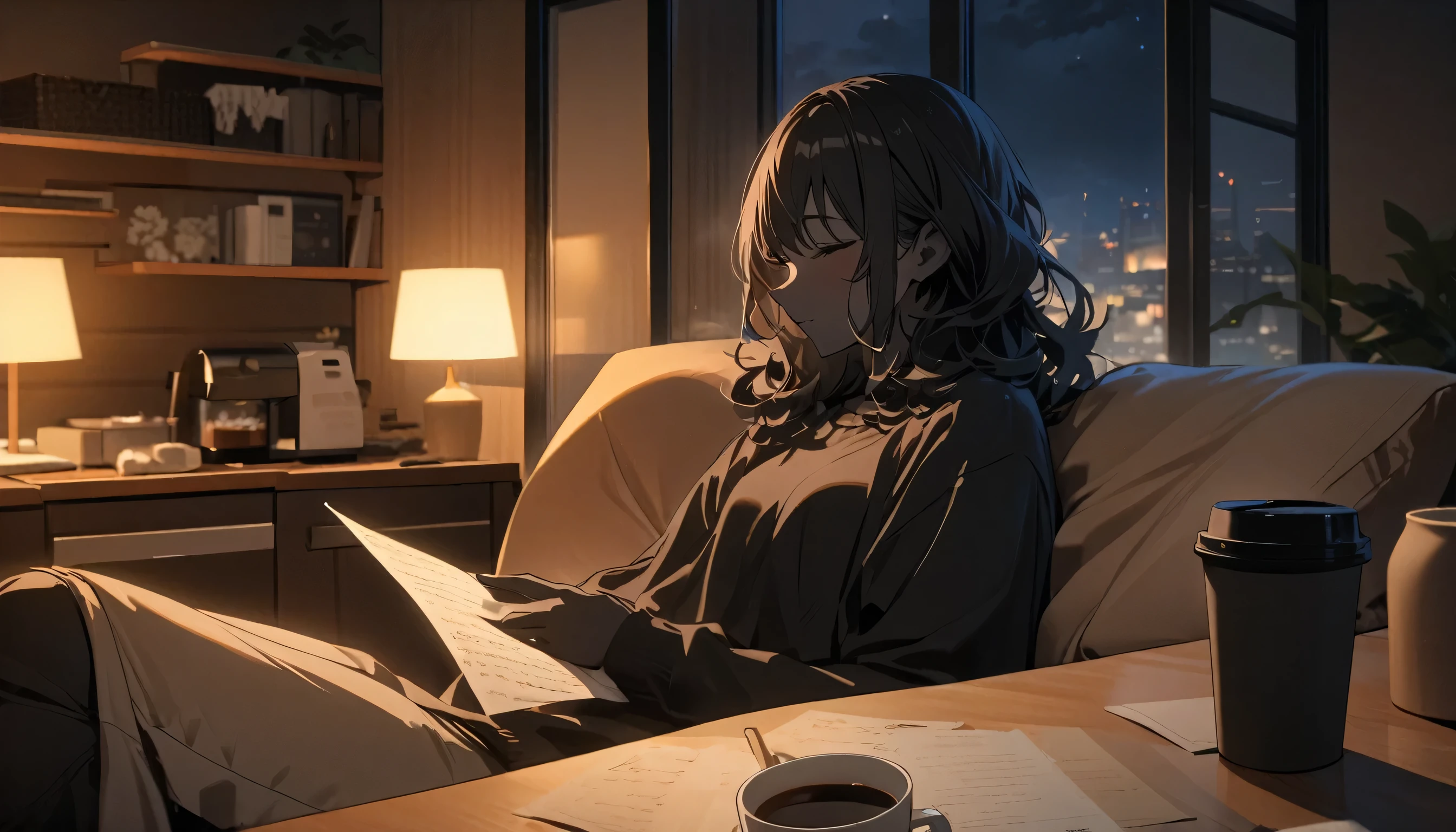 praise, black skin boy, Black curly hair, comfortable, Note, coffee, night, relax, room, High resolution, High resolution, masterpiece, 4K