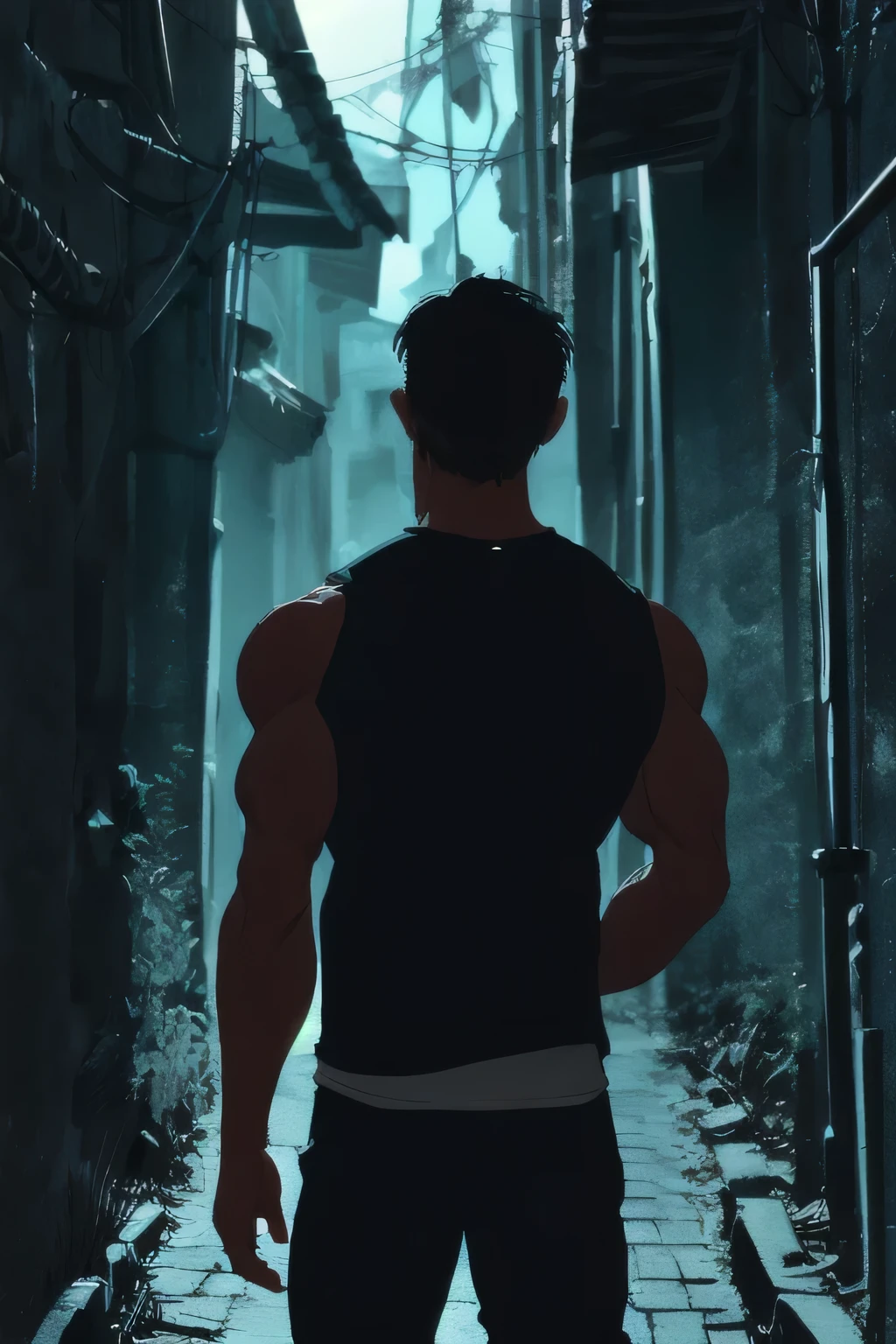 mid_shot, attractive bearded man, defined muscles, back alley, orange black blue, (sad), (atmosphere), coherent, continuity, epic, sharp lines, short hair,high contrast