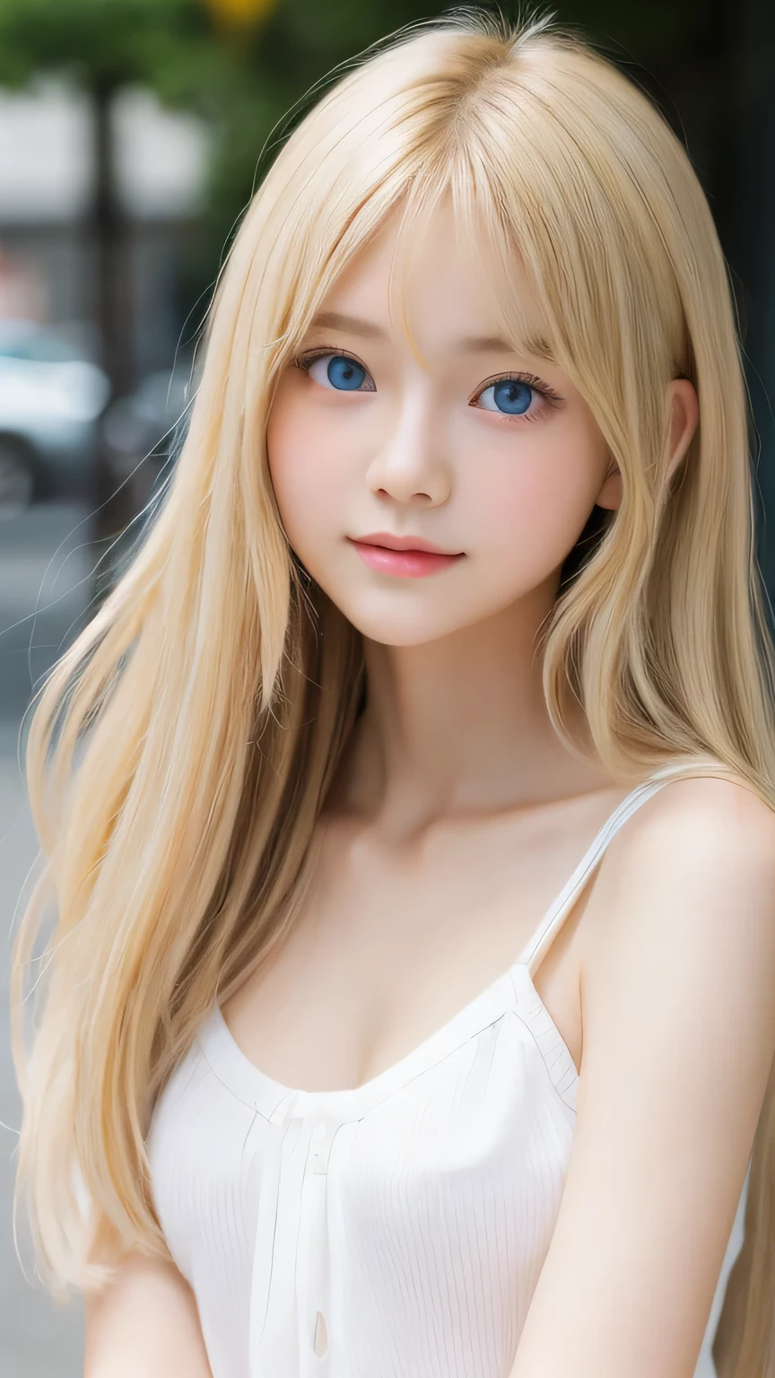 Beautiful, dazzling, super long, straight, silky blonde hair、Bright expression、Blonde girl posing in a white top、messy bangs between eyes,,、Glossy fair skin、Glowing Cheeks、Reality Girls、、Beautiful girl with shining golden platinum blonde、Beautiful big bright blue eyes、Small Face Beauty、Round face