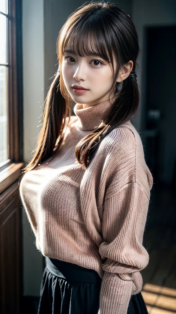 masterpiece, Best Quality, 8K, 20 yo, huge breasts, cuddly, Solo, sad, Cute, Girly, Delicate girl, Neat and clean beauty, Raw photo, Professional Photography, Portrait, Soft light, Professional Lighting, Back lighting, Upper body, front view, Sophisticated, Film grain, (Eyes and faces with detailed:1.0), short length floating hair, beautiful flowing hair, bangs, The hairstyle is twin tails, wearing a pink turtleneck sweater