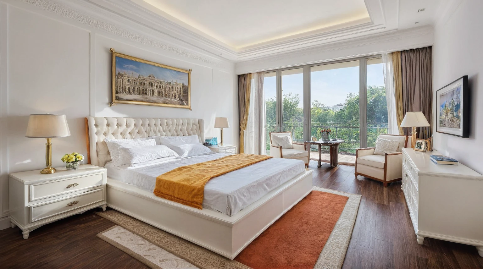 Raw photo,Masterpiece, high quality, best quality, authentic, super detail, 
interior, indoors,living room, neoclassic style , bed, cabinet, lamp, rug, windows, curtains, bookshelf, bright tone, white wall
, (daylight:1.1), vivid colour, (realistic:1.2),JJ's Interior