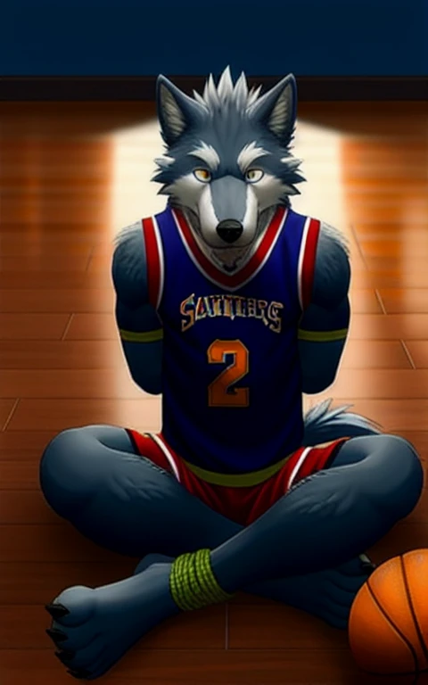 wolf, furry, alone, basketball uniform, gagged, hands tied together behind, feet tied together, sitting on the floor, torture, ball to the side, ultra detailed