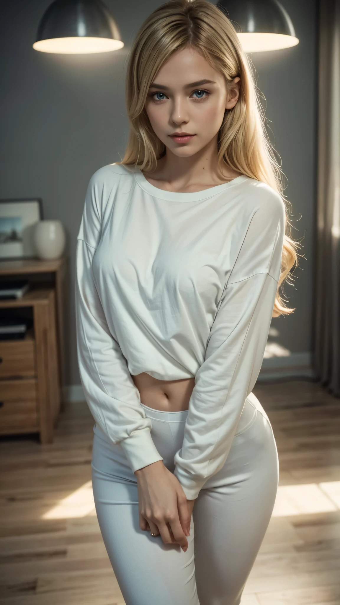 1 girl, 25 years old, Blonde,Delicate face, Exquisite eyes, Exquisite facial features, sweet smile, ((long T shirt)),tight yoga long trousers,Small chest,((Full body shot:1.2)), in the room,Sexy pose, Random pose,Random color of clothes, ((Super Detail, best quality:1.4, masterpiece:1.2, super detail)), high detail, ray tracing, award winning, best quality, award winning, masterpiece, super detail, HD, 8k, UHD