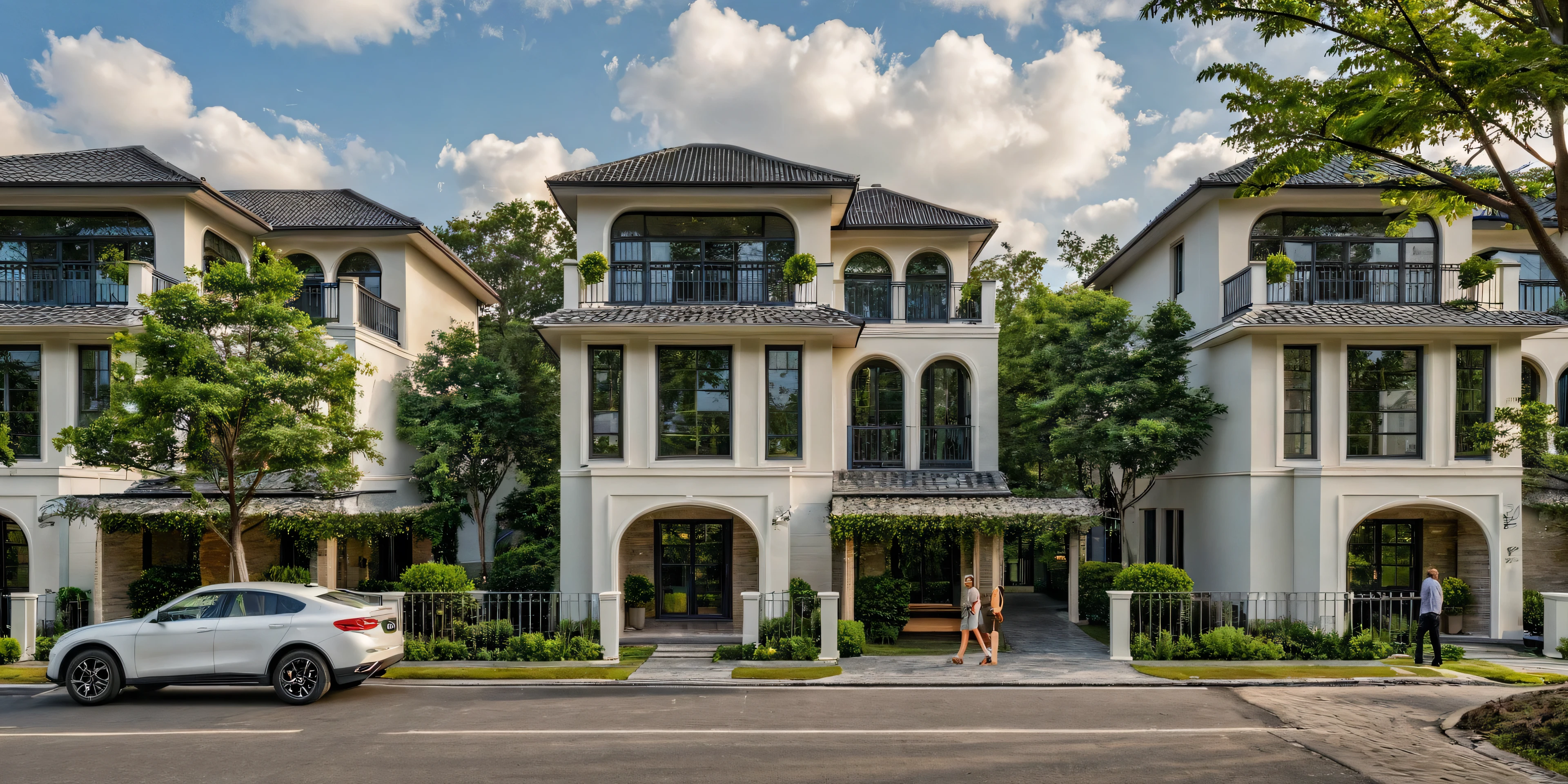 Masterpiece, high quality, best quality, authentic, super detail, outdoors, onestoreyvillaXL, aiaigroup, house style modern on the street ,stairs, white wall ,road,pavement, grass, trees, sky, cloud, (daylight:1.1)