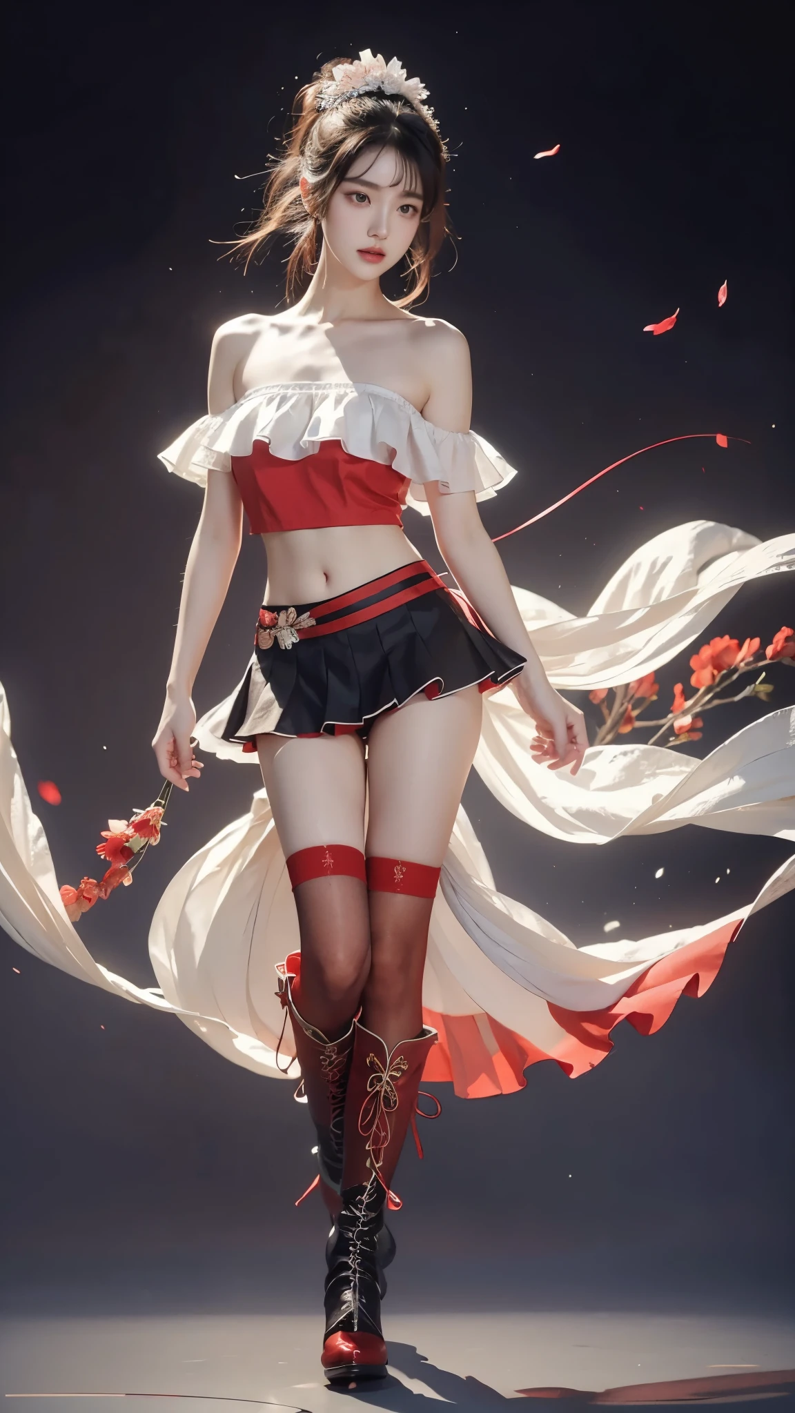 sleeveless shirt, layered shirt, layered skirt, crop top, wrist cuffs,gradient legwear, red thighhighs,high heels, boots,hair flower, ribbon, ((Bare shoulder)), ((knee shot)), ((Standing walking)), ((Elegant and charming posture)), ((Close shot)), shot of woman with flowers in hair, Portraits inspired by Du Qiong, CG trends, Reality, Gorgeous Chinese model, traditional beauty, Chinese girl, cgstation trends, Popular topics on cgstation, Chinese style, palace ， Cute and delicate face, beautiful girl, A beautiful young womanAnatomically correct