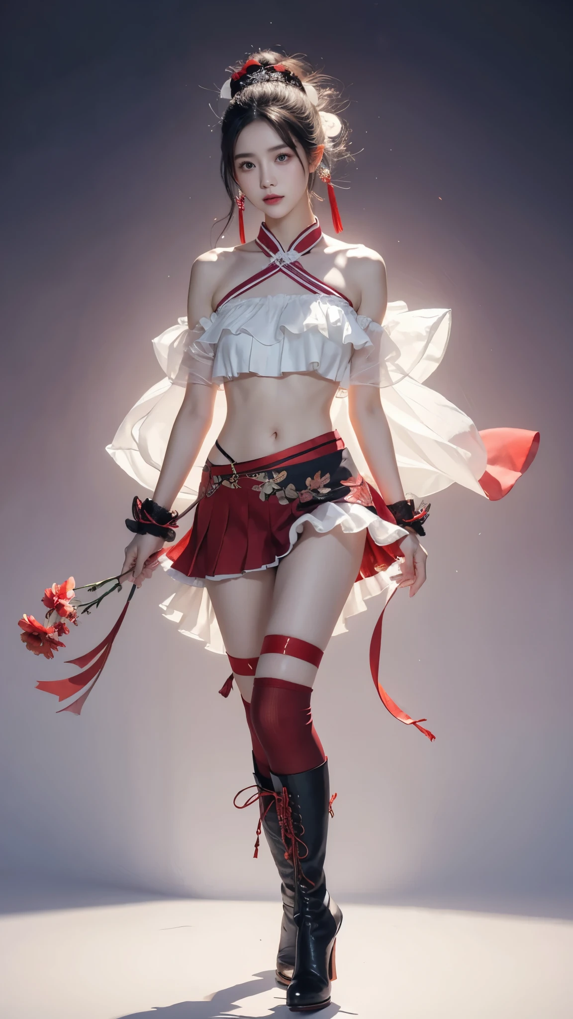 sleeveless shirt, layered shirt, layered skirt, crop top, wrist cuffs,gradient legwear, red thighhighs,high heels, boots,hair flower, ribbon, ((Bare shoulder)), ((knee shot)), ((Standing walking)), ((Elegant and charming posture)), ((Close shot)), shot of woman with flowers in hair, Portraits inspired by Du Qiong, CG trends, Reality, Gorgeous Chinese model, traditional beauty, Chinese girl, cgstation trends, Popular topics on cgstation, Chinese style, palace ， Cute and delicate face, beautiful girl, A beautiful young womanAnatomically correct