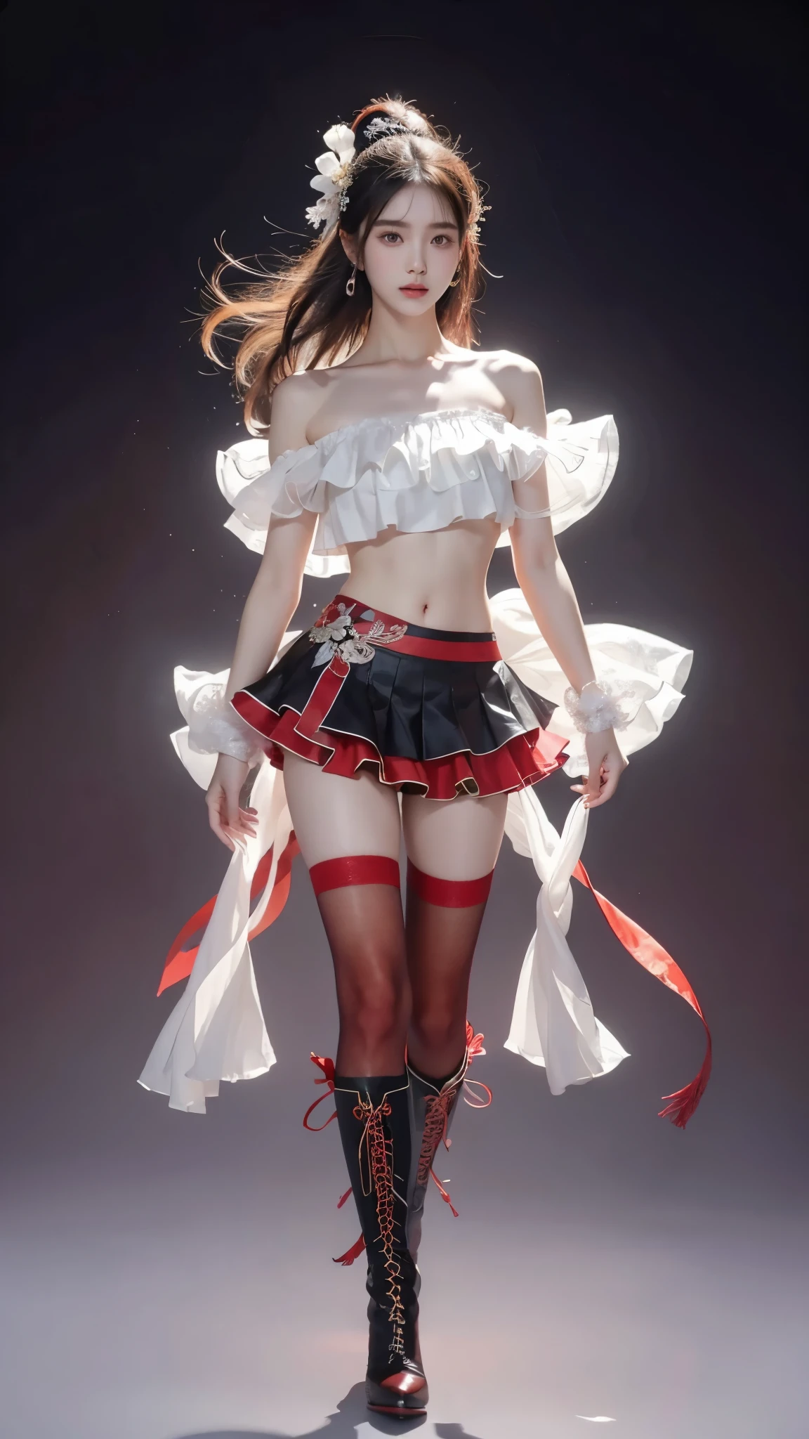 sleeveless shirt, layered shirt, layered skirt, crop top, wrist cuffs,gradient legwear, red thighhighs,high heels, boots,hair flower, ribbon, ((Bare shoulder)), ((knee shot)), ((Standing walking)), ((Elegant and charming posture)), ((Close shot)), shot of woman with flowers in hair, Portraits inspired by Du Qiong, CG trends, Reality, Gorgeous Chinese model, traditional beauty, Chinese girl, cgstation trends, Popular topics on cgstation, Chinese style, palace ， Cute and delicate face, beautiful girl, A beautiful young womanAnatomically correct