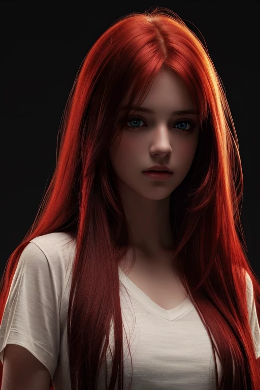 Best quality, masterpiece, ultra high res, (photorealistic:1.37), raw photo, 1girl, long hair, beautifull eyes, beautifull face, detailed eyes and face, slit t-shirt, dynamic lighting, in the dark, deep shadow, low key, cowboy shot, red hair