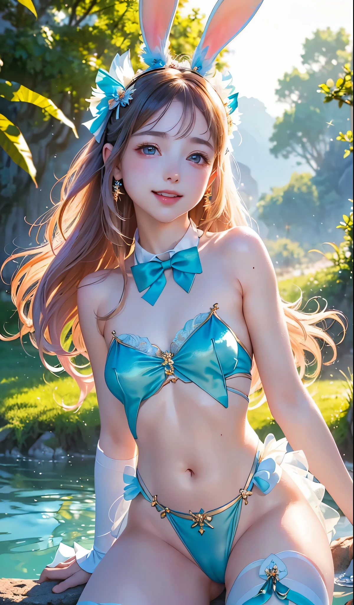 masterpiece, best quality, extremely detailed CG unity 8k wallpaper, (Upper Body head close-up shot of a beautiful  girl), , Elegant Long straight  hair, ((Mckenna Grace)), (flat chest,thighs,Plump),  Autoluminescence(Glittering tutu,long Bunny Ear Headgear, , Bow-tie, No panties, genitals visible), (spread legs), (Blush), oil skin, (seductive smile), (Wonderland), pretty face, key art, award winning, intricate detail realism hdr, by (ruan jia and artgerm and range murata), Photorealism, Hyperrealism, ultra realistic, dramatic light, intense shadows, gorgeous view, depth of field
 
