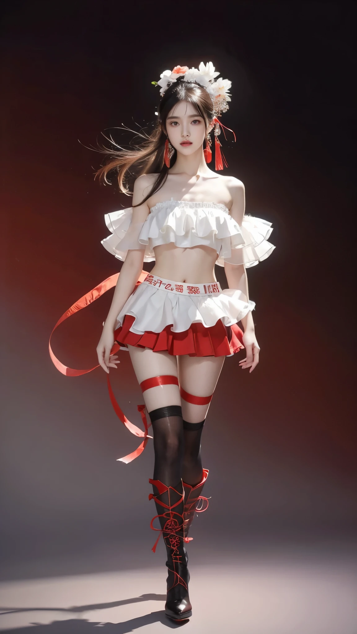 sleeveless shirt, layered shirt, layered skirt, crop top, wrist cuffs,gradient legwear, red thighhighs,high heels, boots,hair flower, ribbon, ((Bare shoulder)), ((knee shot)), ((Standing walking)), ((Elegant and charming posture)), ((Close shot)), shot of woman with flowers in hair, Portraits inspired by Du Qiong, CG trends, Reality, Gorgeous Chinese model, traditional beauty, Chinese girl, cgstation trends, Popular topics on cgstation, Chinese style, palace ， Cute and delicate face, beautiful girl, A beautiful young womanAnatomically correct