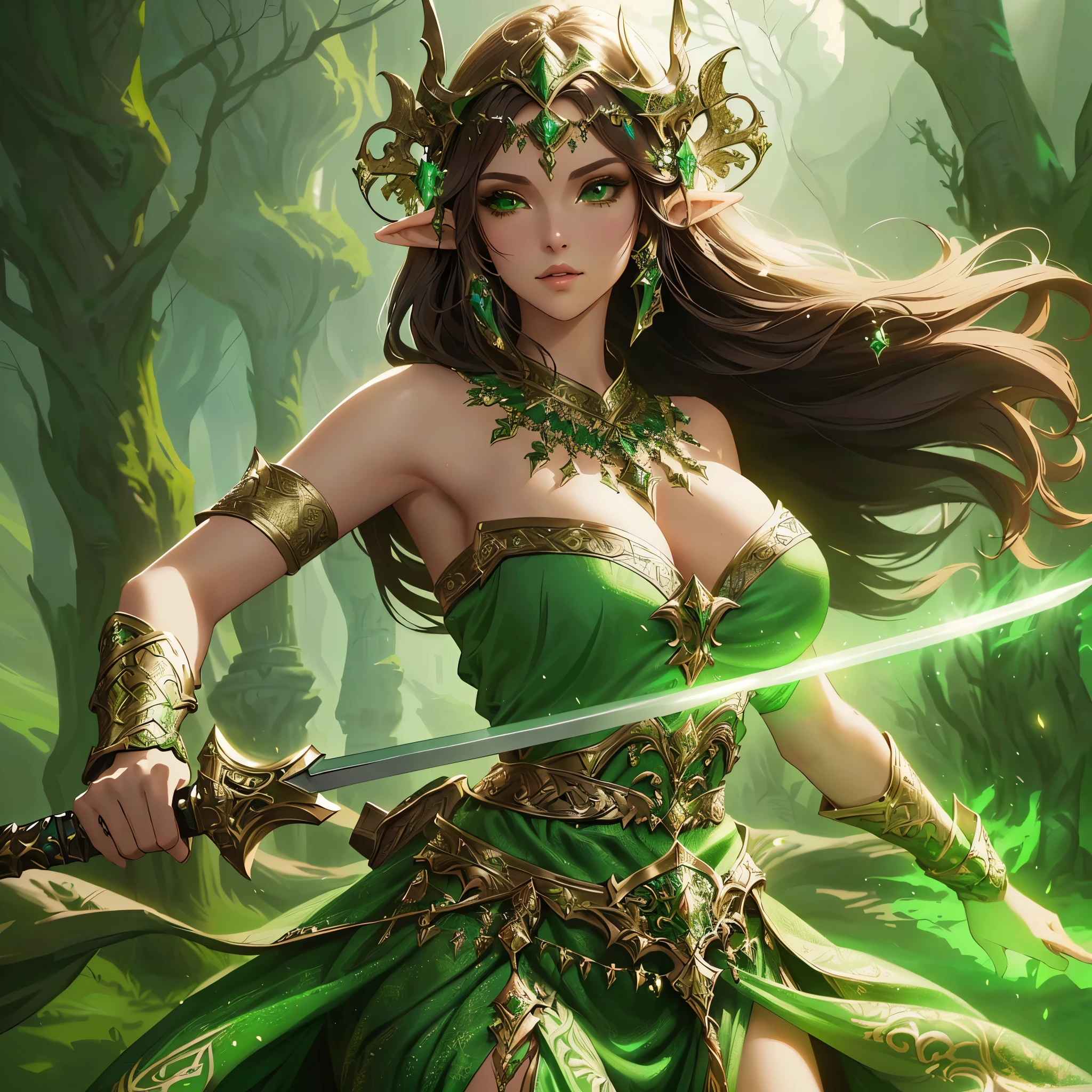 a close up of a woman in a green dress holding a sword, fantasy art style, 4k fantasy art, epic fantasy art style, epic fantasy digital art style, epic fantasy art style hd, 8k fantasy art, elven warrior princess, 2. 5 d cgi anime fantasy artwork, epic fantasy style art, fantasy style art, fantasy art behance