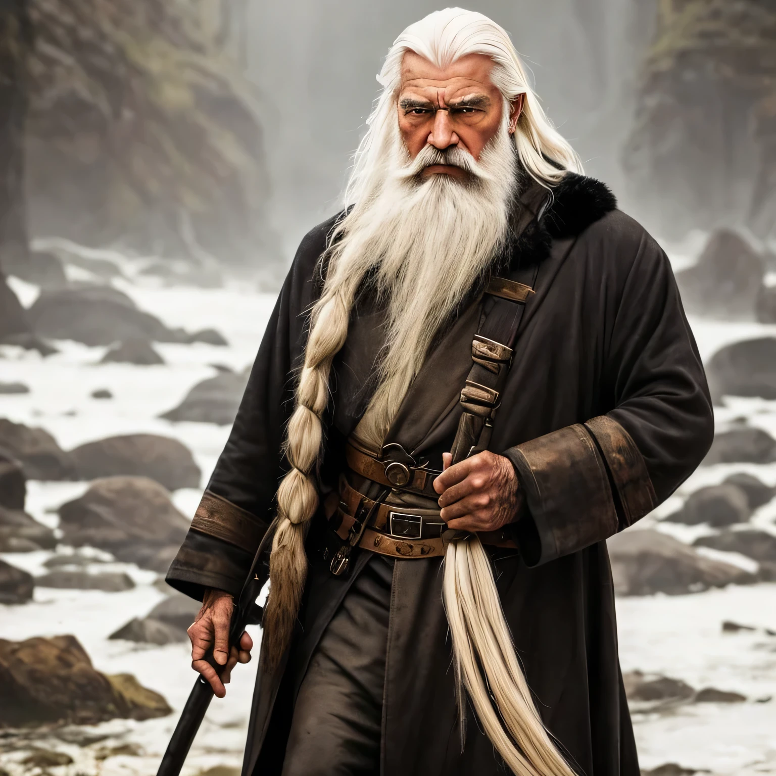 An old warrior with a beard and long white hair wears a black fur trench coat, carries a staff, and has a patch over his right eye..