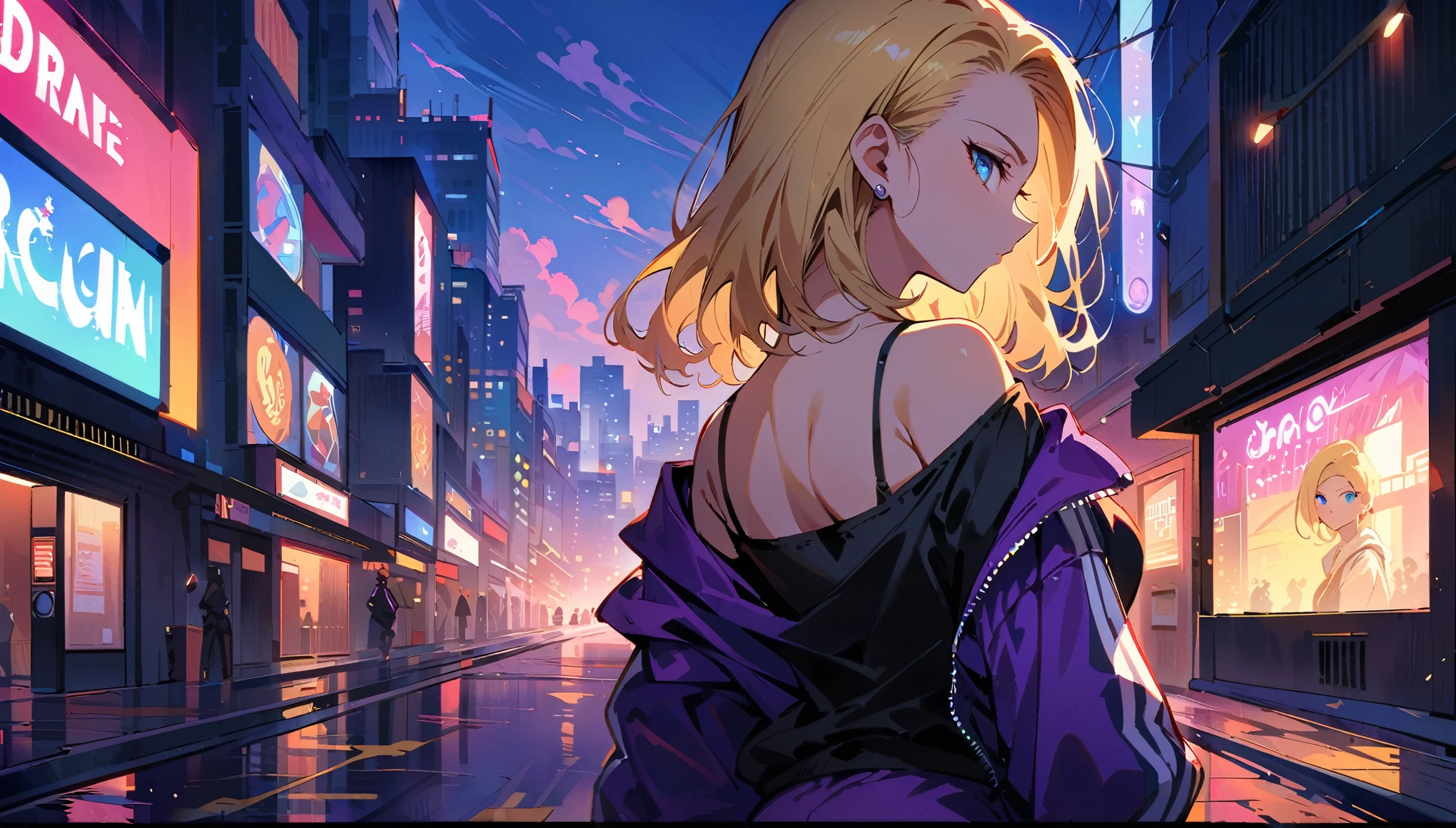 (masterpiece, best quality:1.2), shot from behind showing upper back and right side profile, Android 18 from Dragon Ball, standing outside on relatively empty city street, (head turned over right shoulder gazing back towards camera), (wearing black camisole under vivid purple tracksuit top), (vivid purple tracksuit bottoms with white stripes down the sides), short blonde hair loose, blue eyes gazing intently at camera, slender feminine figure, narrow waistline, minimal city street background with a movie theater, a few other plain buildings with no signage, street lights, 4K