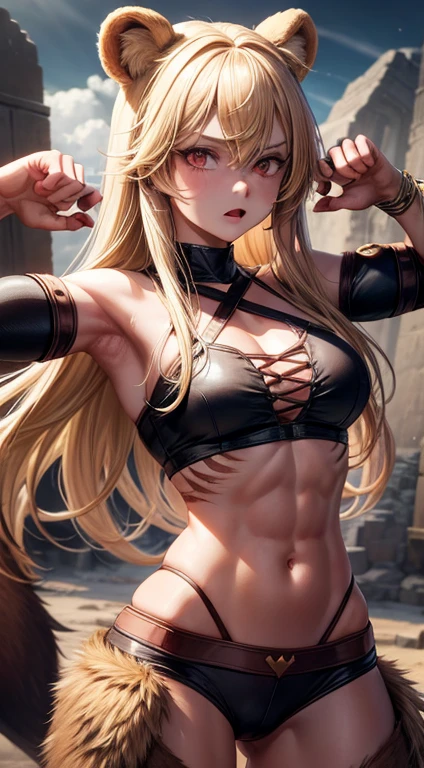 adult girl, longue blonde hair, red eyes, Bear ears, musculature, Scars, open belly, Brown Barbarian Top, Barbarian pants, claws, combat pose, Rage, bear, Masterpiece, hiquality