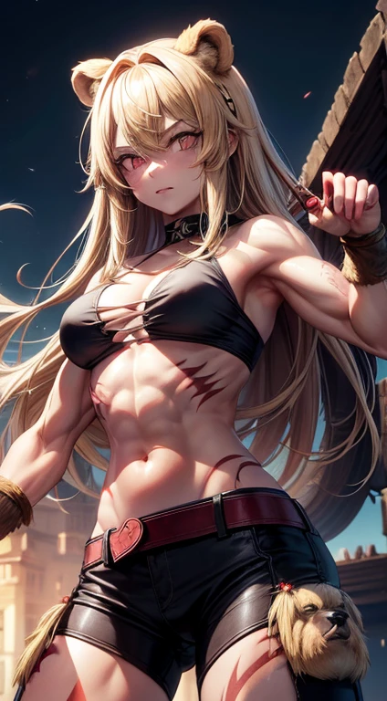 adult girl, longue blonde hair, red eyes, Bear ears, musculature, Scars, open belly, Brown Barbarian Top, Barbarian pants, claws, combat pose, Rage, bear, Masterpiece, hiquality