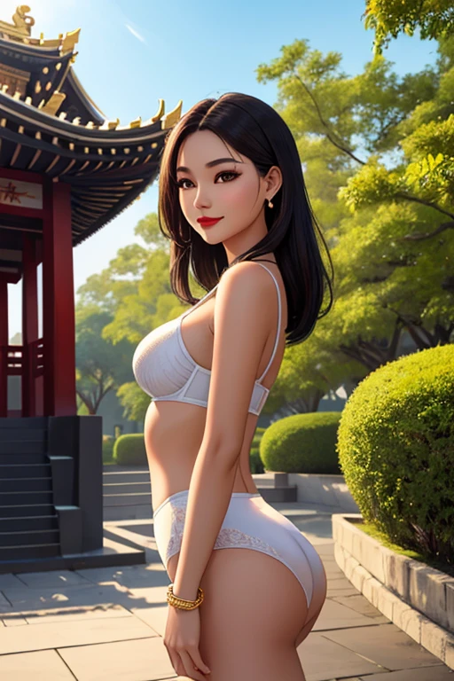 Beautiful girl: Asia, siêu dễ thương;
sunny blue sky;
age: from 18-20 years old;
hair: không có hair, shaved head, bald like a monk;
skin: milk white, rosy and flawless;
eye: jet black, almond shaped, sexy, youthful, trong trẻo, siêu detail, elegant, charming, trang điểm high solution, true, bắt eye;
mí eye: delicate, Perfect Beauty;
eyebrow: cong, dear, high solution;
Face: beautiful, pure, like a fairy, light makeup, lovely, Perfect balance, đẹp đến từng detail;
nose: xinh, lovely, cao;
cheekbone: prominent;
lip: charming, light red lipstick, son bóng lovely;
răng: Beaming smile, Lily-white;
body: full of youth;
ngực: toning, tight fitting bra;
butt: develop, tight fitting underwear;
accessory: chain, earring, bracelet;
underwear: mesh fabric, metal thread, shiny;
Fashion style: high-class, Modern 2024, luxurious;
Image quality: non-NSFW, 8K CG HD, high solution, Super nice graphics, professional, detail, colourful, ultrafine, advanced techniques, RAW true;
light: complex color combinations, black gold rays;
sunlight: twinkle, illuminate the girl's body;
Wallpaper: random, beautiful;
(((Girl standing on the temple grounds))), the girl smiled brightly