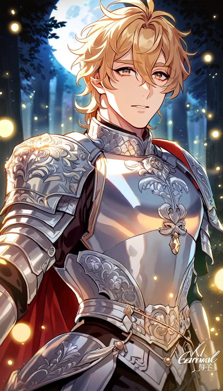 absurdres, highres, ultra detailed, HDR, master piece, best quality, perfect face, beautiful eyes, delicate features, Quincy, blond messy hair, expressive amber eyes, Nu Carnival, solo, sexy man, handsome, silver armor, red cape, knight, black pants, forest, moon, fireflies