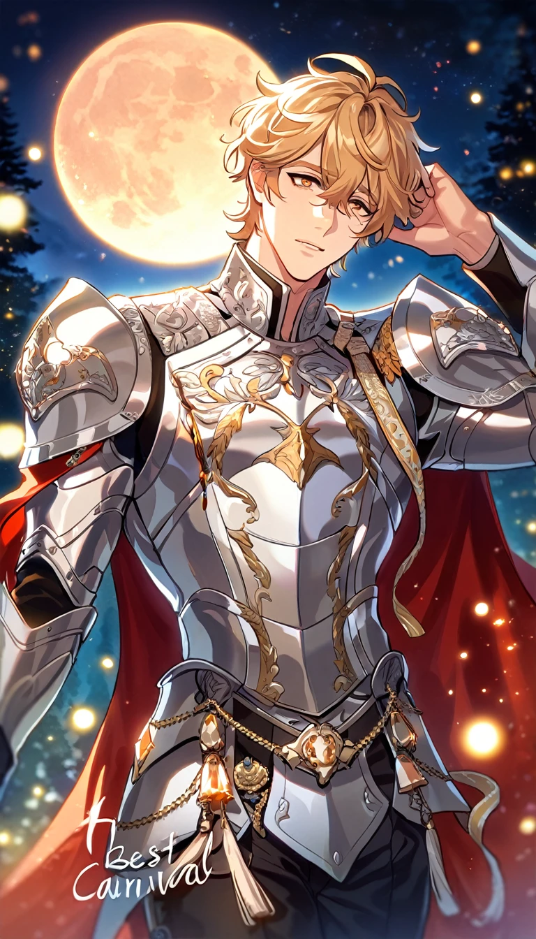 absurdres, highres, ultra detailed, HDR, master piece, best quality, perfect face, beautiful eyes, delicate features, Quincy, blond messy hair, expressive amber eyes, Nu Carnival, solo, sexy man, handsome, silver armor, red cape, knight, black pants, forest, moon, fireflies