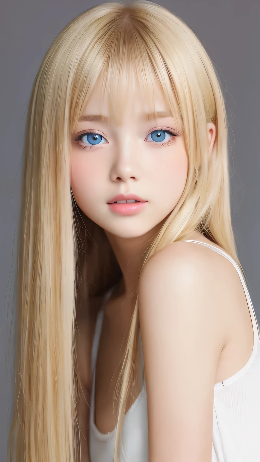Beautiful, dazzling, super long, straight, silky blonde hair、Bright expression、Blonde girl posing in a white top、messy bangs between eyes,,、Glossy fair skin、Glowing Cheeks、Reality Girls、16-year-old girl、Beautiful girl with shining golden platinum blonde、Beautiful big bright blue eyes、Small Face Beauty、Round face