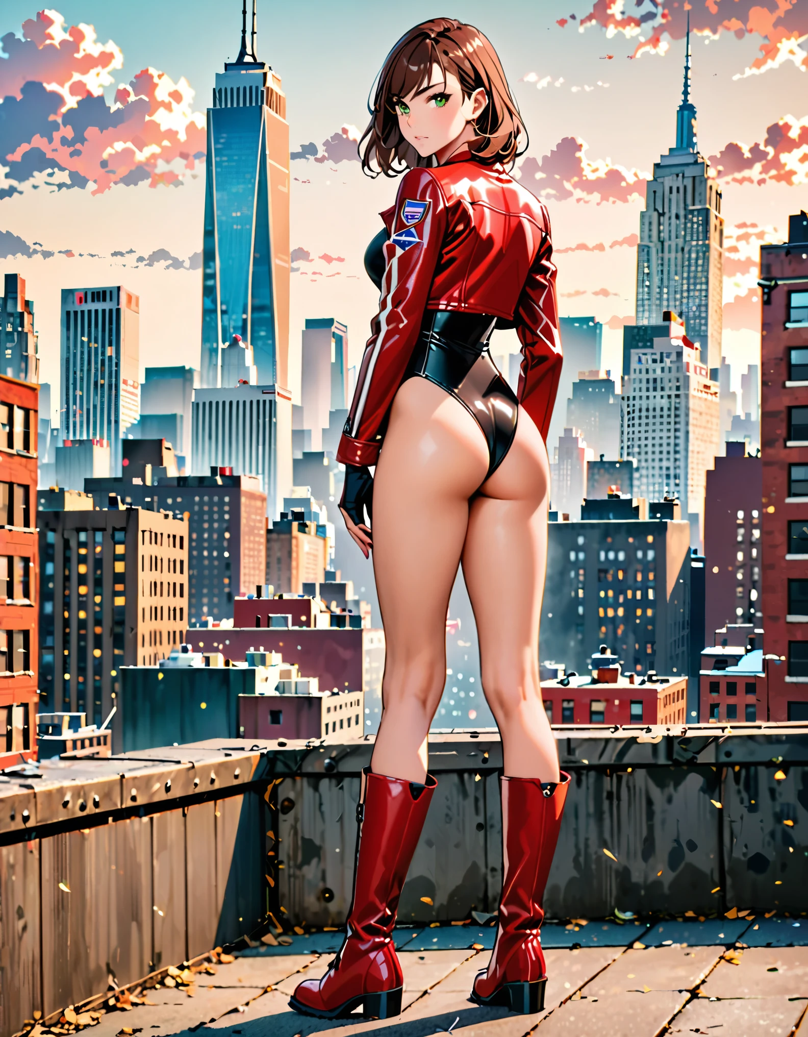 (masterpiece), (best quality), (high res), 1lady, tall body, beautiful detailed eyes, beautiful detailed face, serious, perfect hands, complete fingers, perfect anatomy, perfect proportions, ((brown hair, medium hair)), ((green eyes)), ((leotard, red leotard, matching leotard)), ((bare legs)), ((boots, matching boots, ankle-high boots, red boots)), breasts, medium breasts, (full body portrait), looking at viewer, rear view, back view, solo, solo focus, standing, one hand on hip, cowboy shot, new york backdrop, (red leather jacket, open jacket), full body costume design.