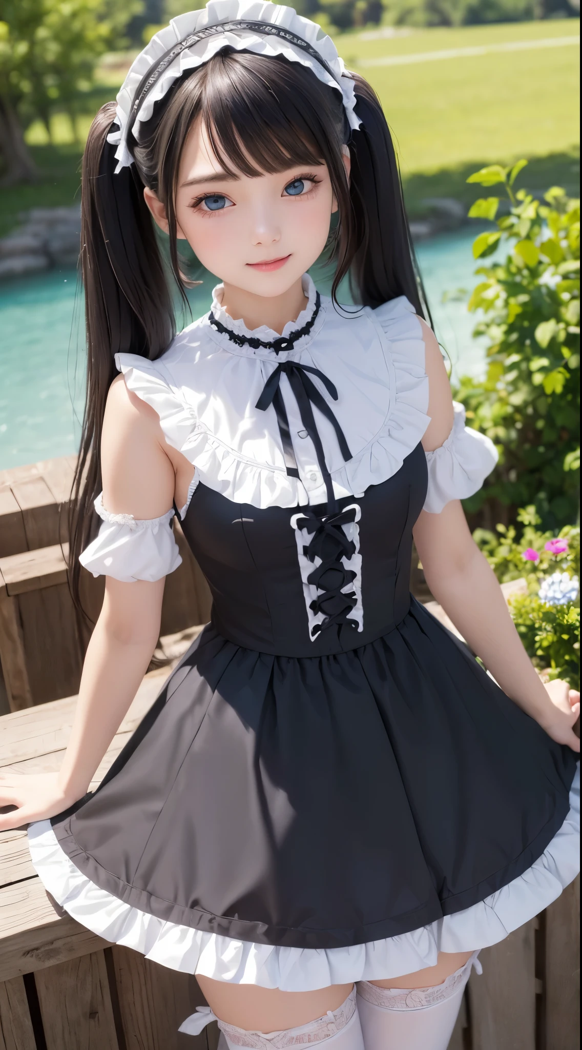 ((masterpiece)), ((highest quality、Ultra high definition)), (Very detailed),8K、Photo quality、((Amazingly cute girl)), , Two people, , (Beautiful emerald blue eyes), ((smile)),In the open-air bath overlooking the sea, Beautifully arranged black hair in twin tails、whole body、(Super high-end white see-through summer gothic lolita maid costA super mini skirt with lots of frills)、Professional Lighting、(White lace knee-highore details and more beauty)))、