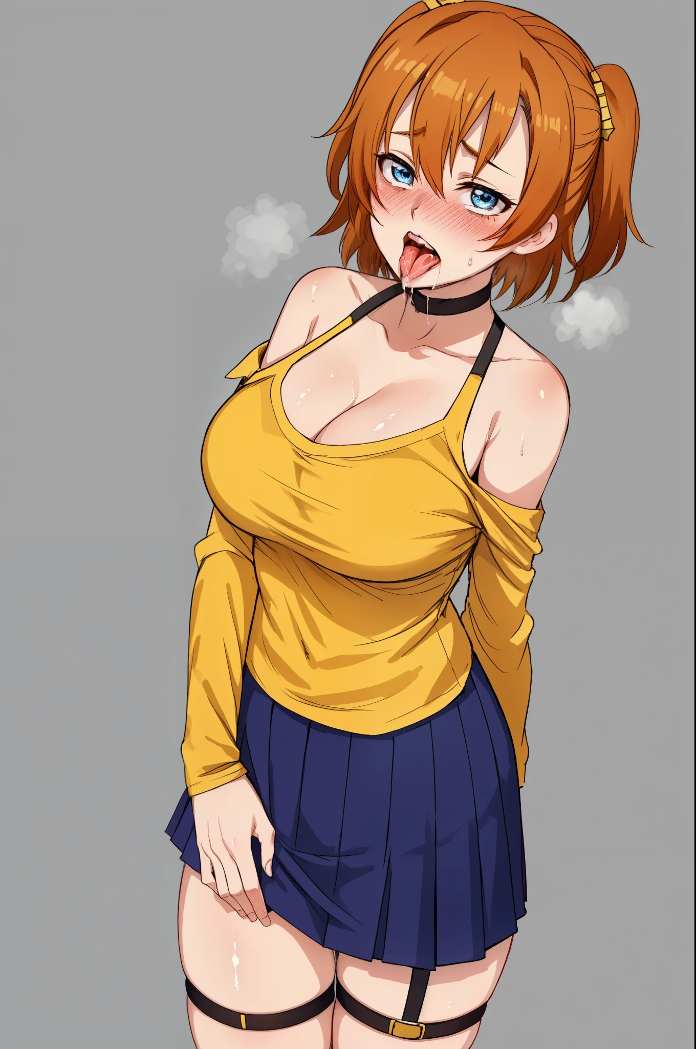 Solo, kousaka honoka, blue eyes, breasts, blush, short_hair, bangs, skirt, large_breasts, shirt, cleavage, bare_shoulders, collarbone, moist skin, off_shoulder, clenched_hands, yellow_shirt, (pressing her breasts:1.2) ,sweaty, thighs, thigh strap, chocker , tongue out , saliva