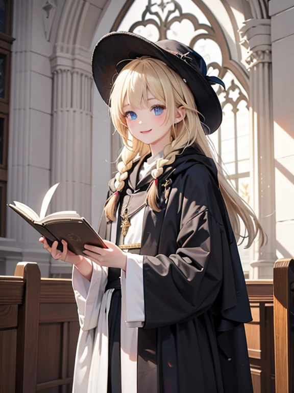 masterpiece, highest quality, Very detailed, 16k, Ultra-high resolution, Cowboy Shot, One ****************, Detailed face, smile, Perfect Fingers, blue eyes, Blonde, Braid, The figure of the wizard, Long pointed hat, Long black robe, temple, Cathedral, Have scriptures