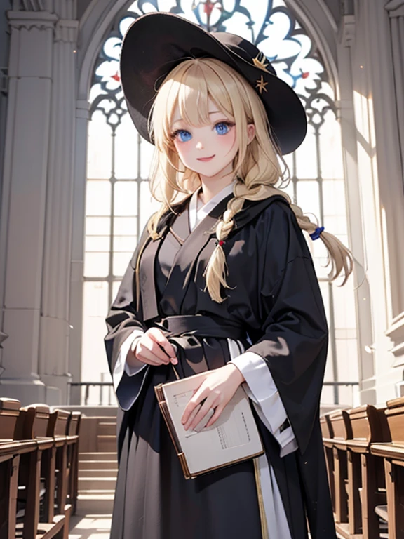 masterpiece, highest quality, Very detailed, 16k, Ultra-high resolution, Cowboy Shot, One ****************, Detailed face, smile, Perfect Fingers, blue eyes, Blonde, Braid, The figure of the wizard, Long pointed hat, Long black robe, temple, Cathedral, Have scriptures