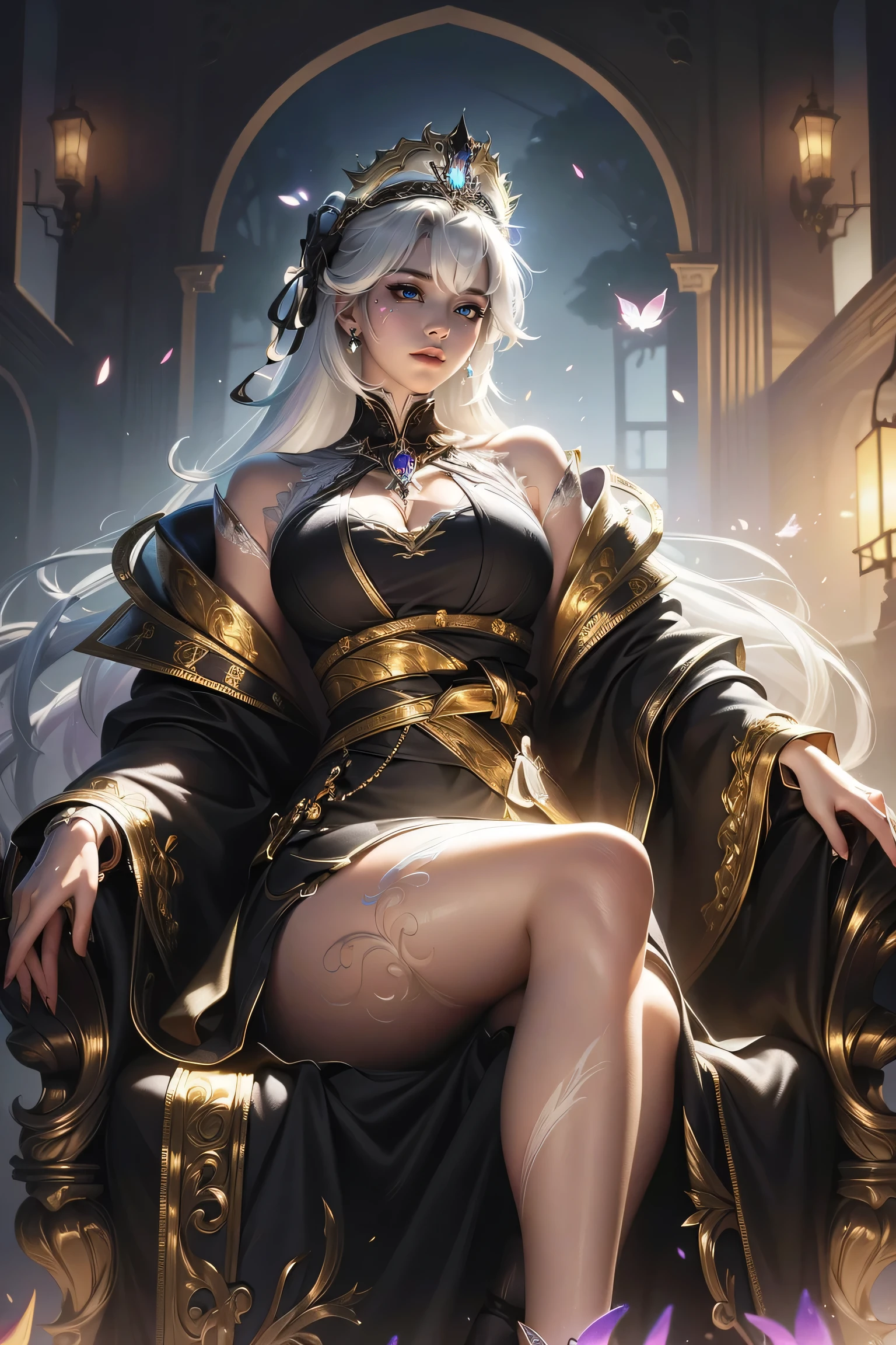 (masterpiece:1.2),best quality,(illustration:1.2),(Super detailed),Ultra Detail,(Fine details),(Intricate details),(light, best quality Backlights),Clear boundaries,From below,Female only,Perfect body,(1 Girl),white hair,Glowing eyes,(Black see-through clothes),(crown:1.1),Sitting on the throne,Close your eyes slightly,look down,Turn your head,( Shy:1.2),((cosmetic)),High contrast,(Optimal lighting, extremely delicate and beautiful),((light)),rich and colorful,