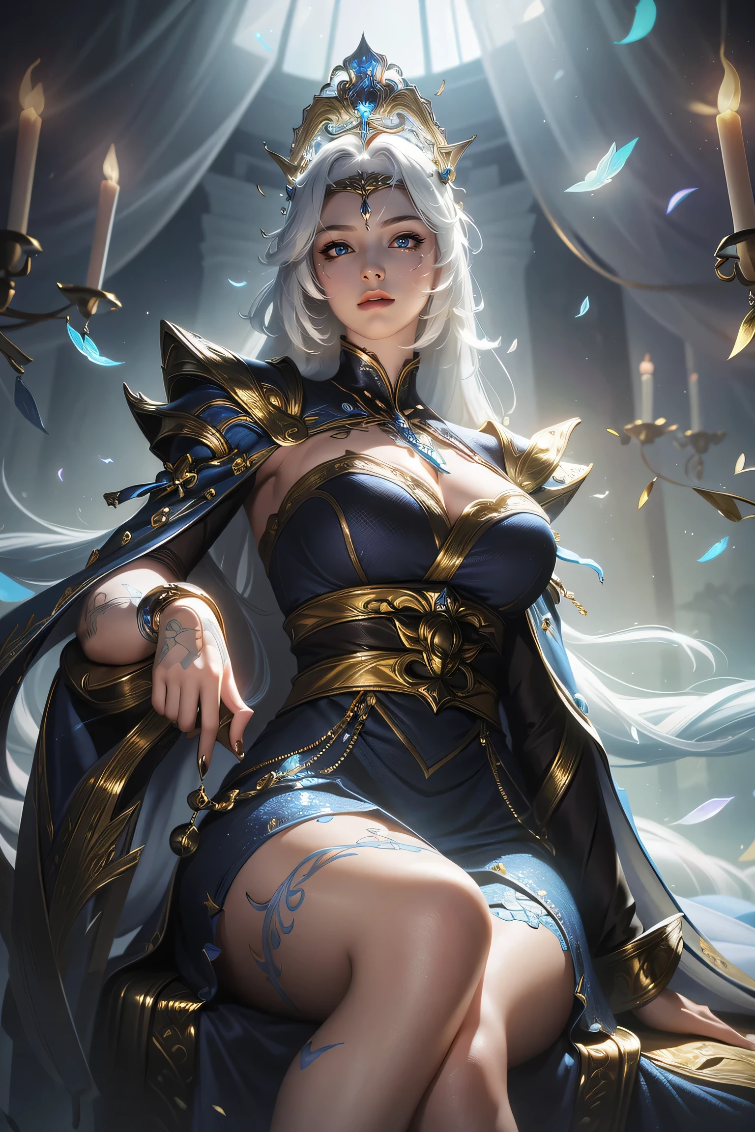 (masterpiece:1.2),best quality,(illustration:1.2),(Super detailed),Ultra Detail,(Fine details),(Intricate details),(light, best quality Backlights),Clear boundaries,From below,Female only,Perfect body,(1 Girl),white hair,Glowing eyes,(Black see-through clothes),(crown:1.1),Sitting on the throne,Close your eyes slightly,look down,Turn your head,( Shy:1.2),((cosmetic)),High contrast,(Optimal lighting, extremely delicate and beautiful),((light)),rich and colorful,