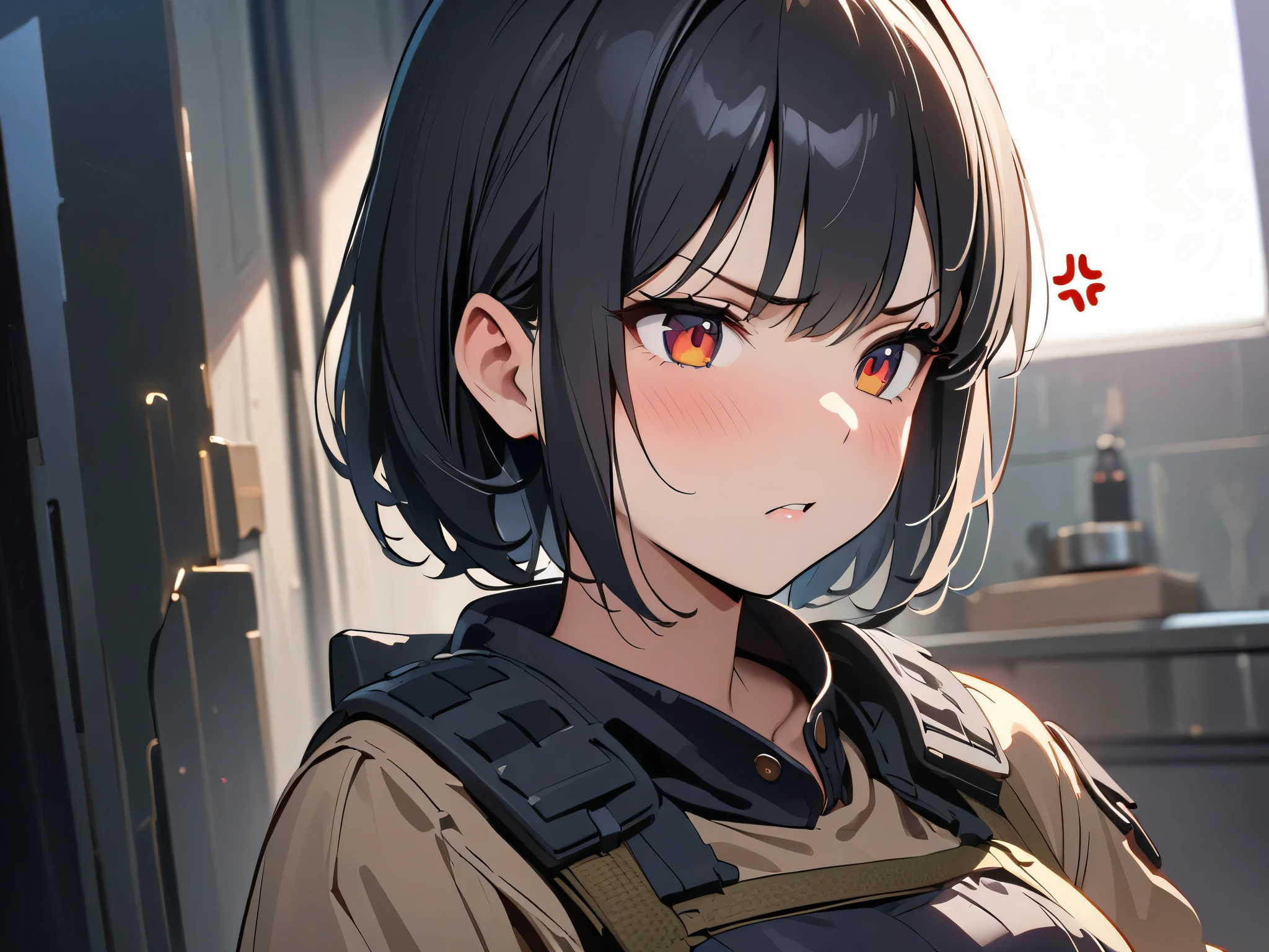(masterpiece:1.3),(best quality:1.2),8k,absurdres, solo,medium view,A girl,detailed short black hair,anger,(Soldier's outfit that is a black shirt with a bulletproof vest with leather pants with a backpack:1.2),Get down on one knee,(holding a assault rifle:1.2),City ruins,(China city:1.2),Depth of Field,rain